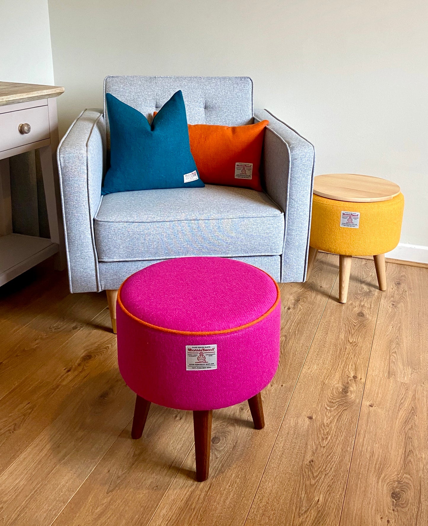 Pink Harris Tweed Footstool with Orange Piping and Dark Wooden Legs