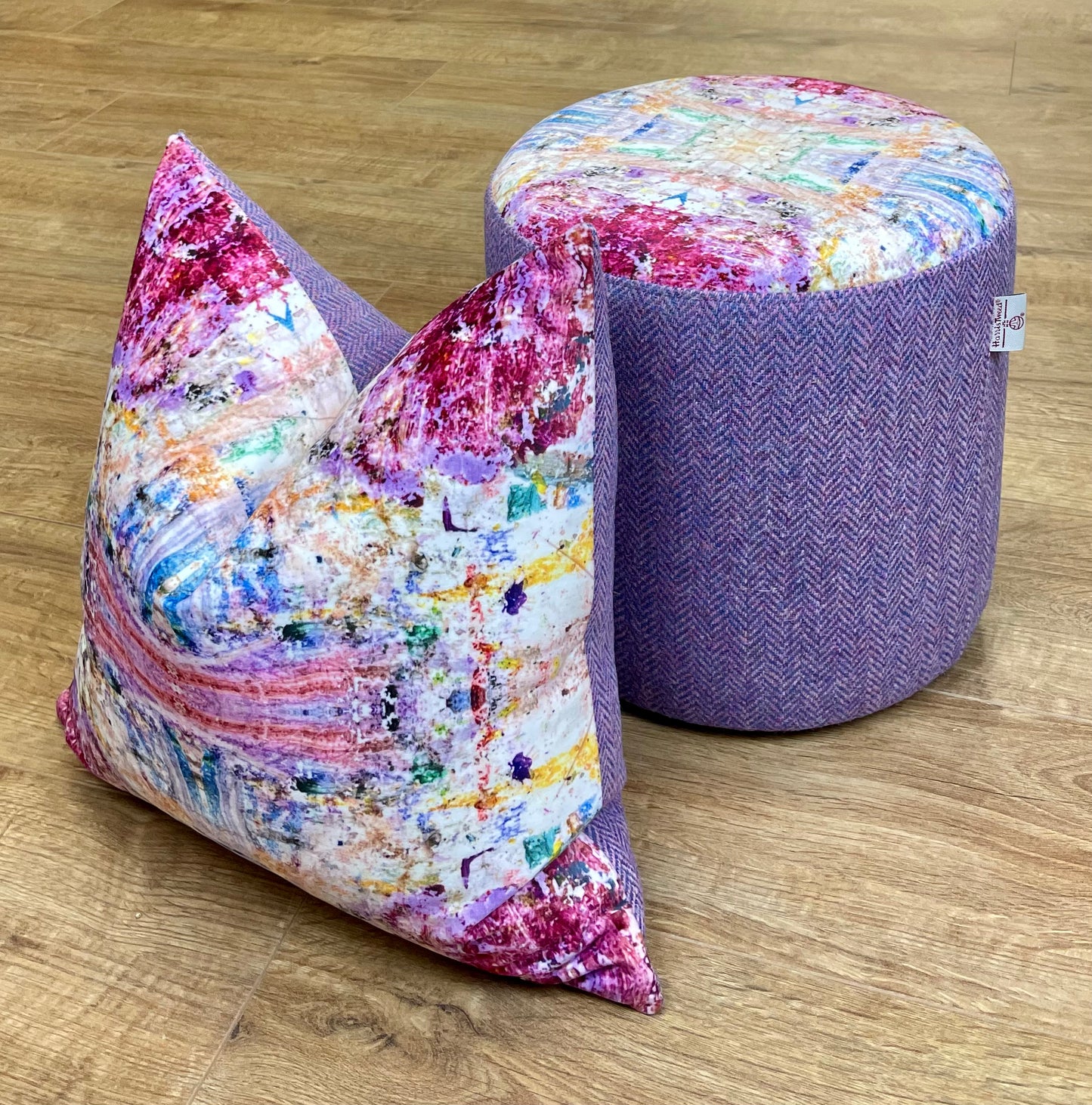 Paint Spray Velvet and Lilac Harris Tweed Small Floating Footstool