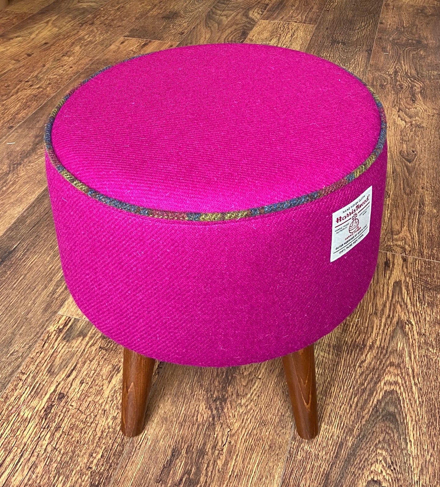 Fuchsia Harris Tweed Footstool with Tartan Piping and Dark Varnished Wooden Legs