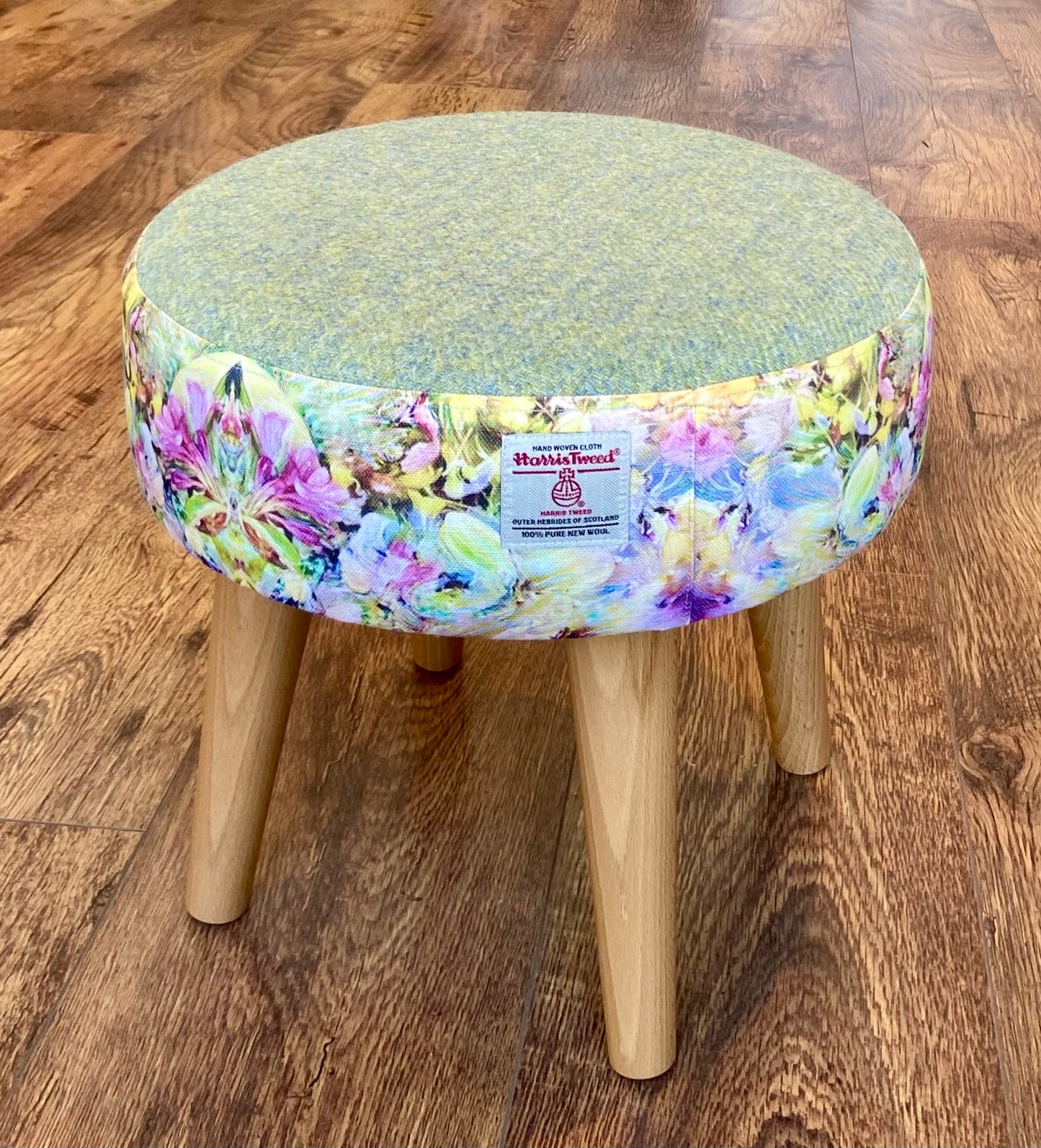 Floral Limited Edition Footstool with Green Harris Tweed and Varnished Wooden Legs