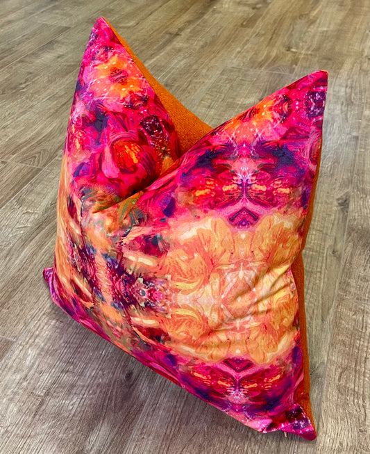 Fire Velvet and Orange Harris Tweed Cushion, Handmade, 18”