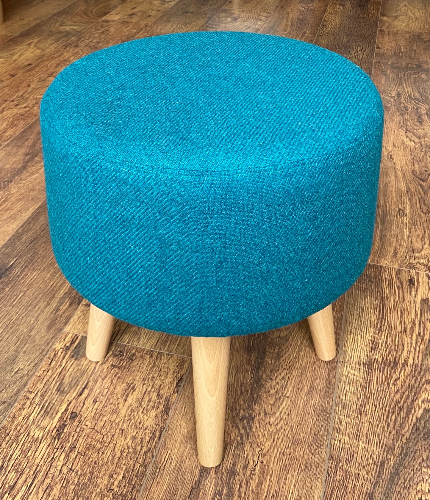 Teal Harris Tweed Footstool with Varnished Wooden Legs