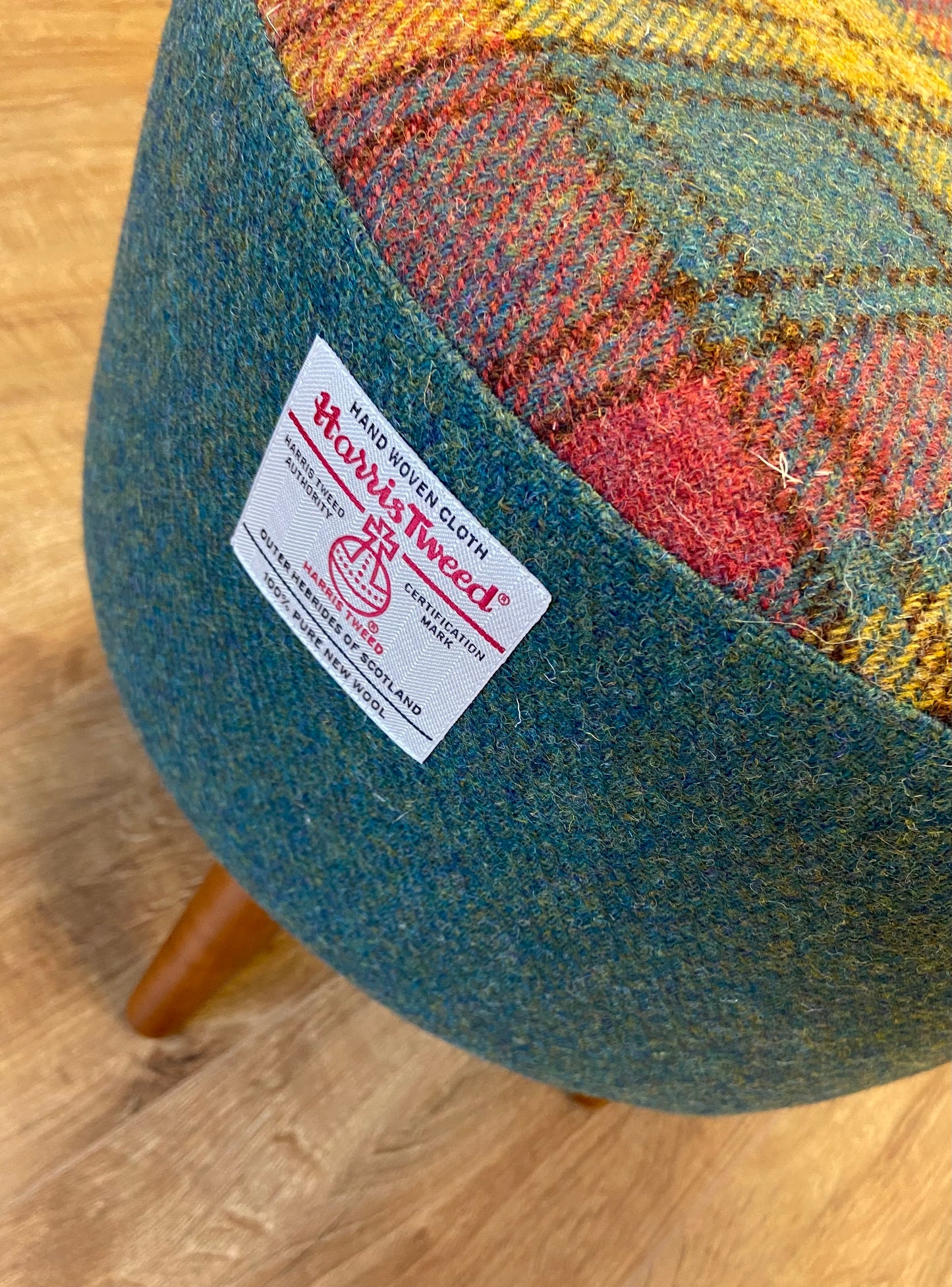 Green, Red and Mustard Tartan Harris Tweed Footstool with Dark Varnished Wooden Legs