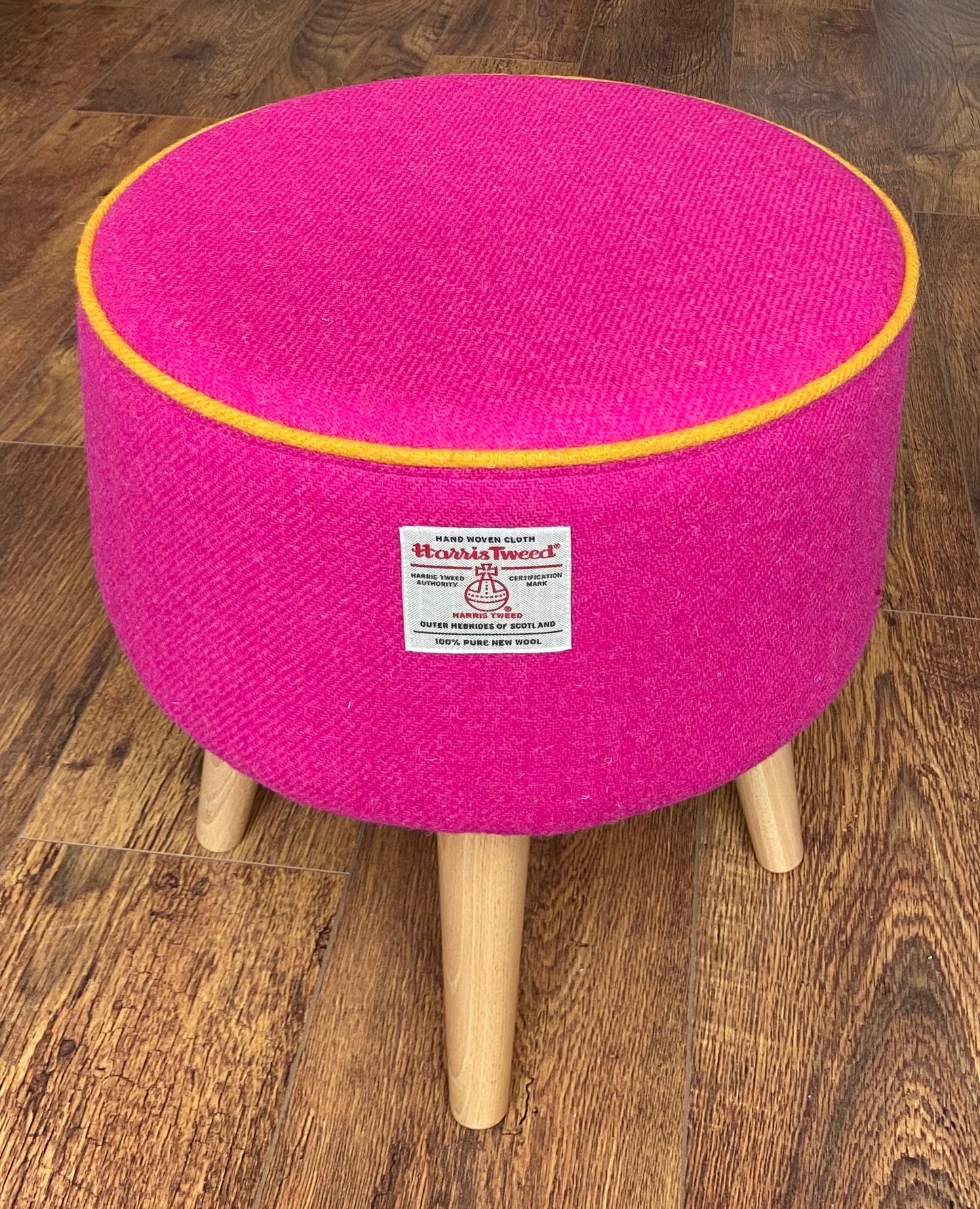 Pink Harris Tweed Footstool with Yellow Piping and Varnished Wooden Legs