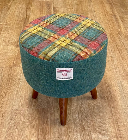 Green, Red and Mustard Tartan Harris Tweed Footstool with Dark Varnished Wooden Legs