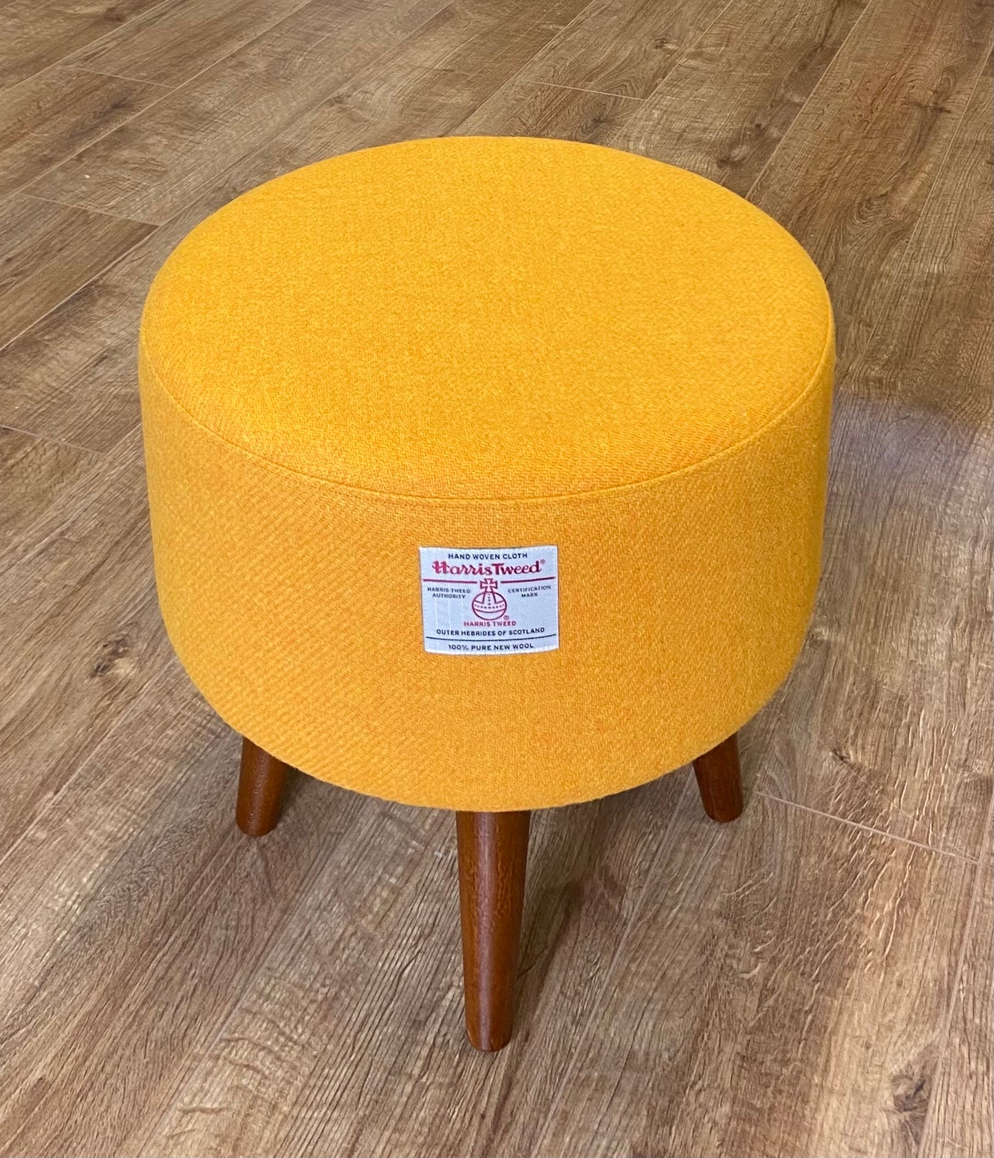 Yellow Harris Tweed Footstool with Dark Wooden Legs