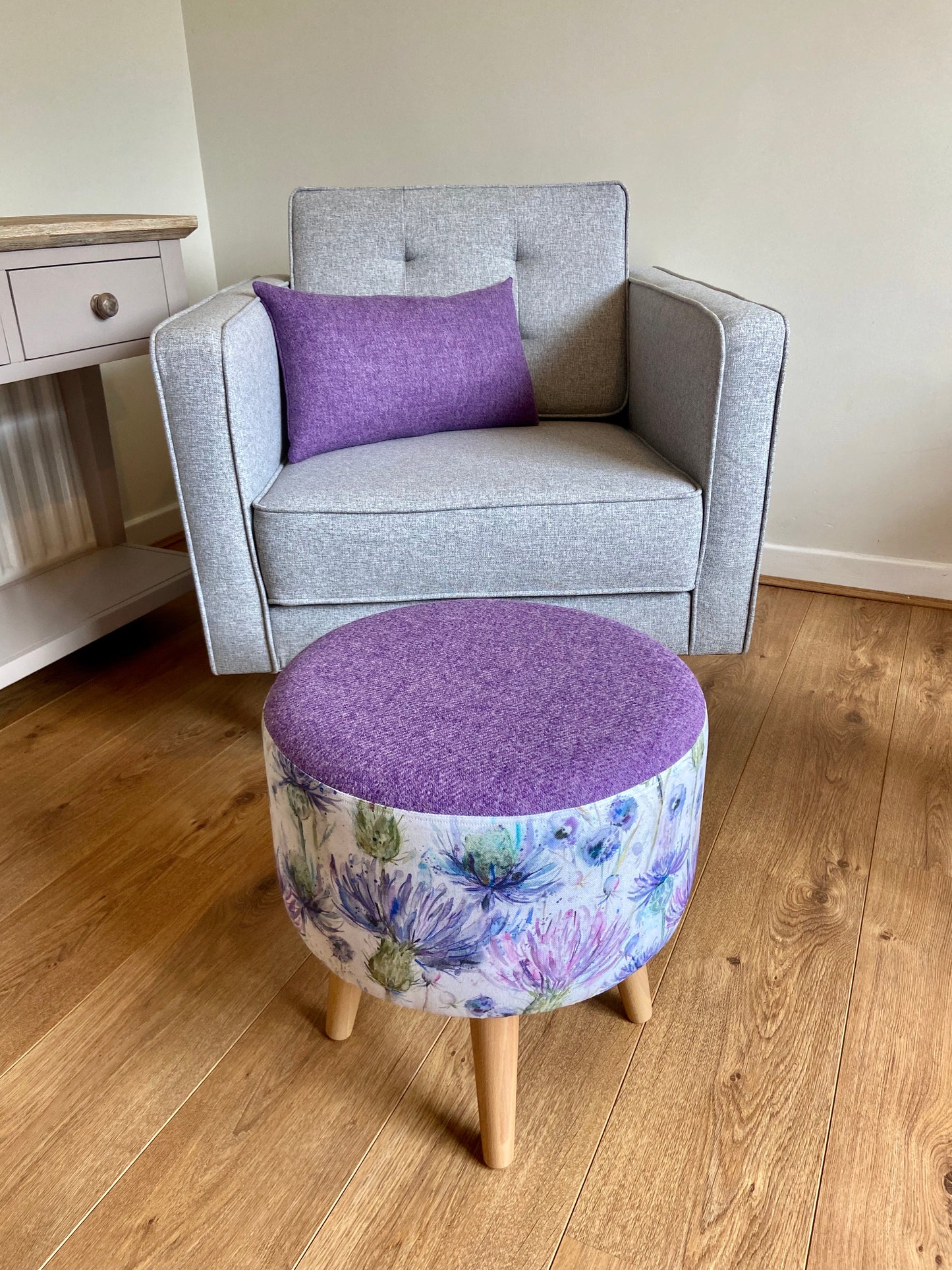 Watercolour Thistle Footstool with Lilac Harris Tweed and Varnished Wooden Legs