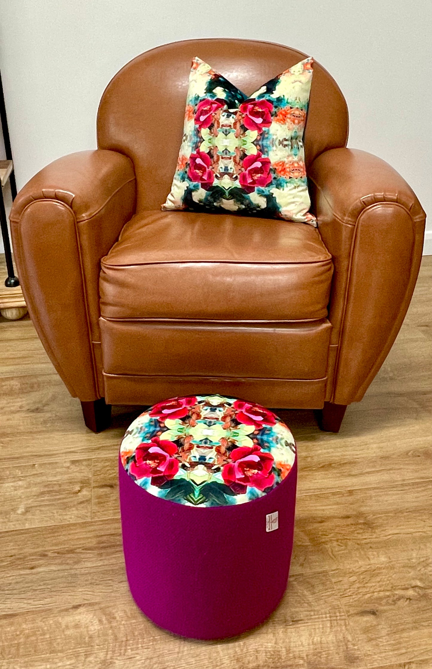Red Rose Velvet and Fuchsia Harris Tweed Small Floating Footstool
