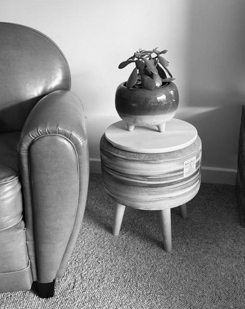 End Table: Skyscape and Grey Harris Tweed with Light Wooden Legs and Top