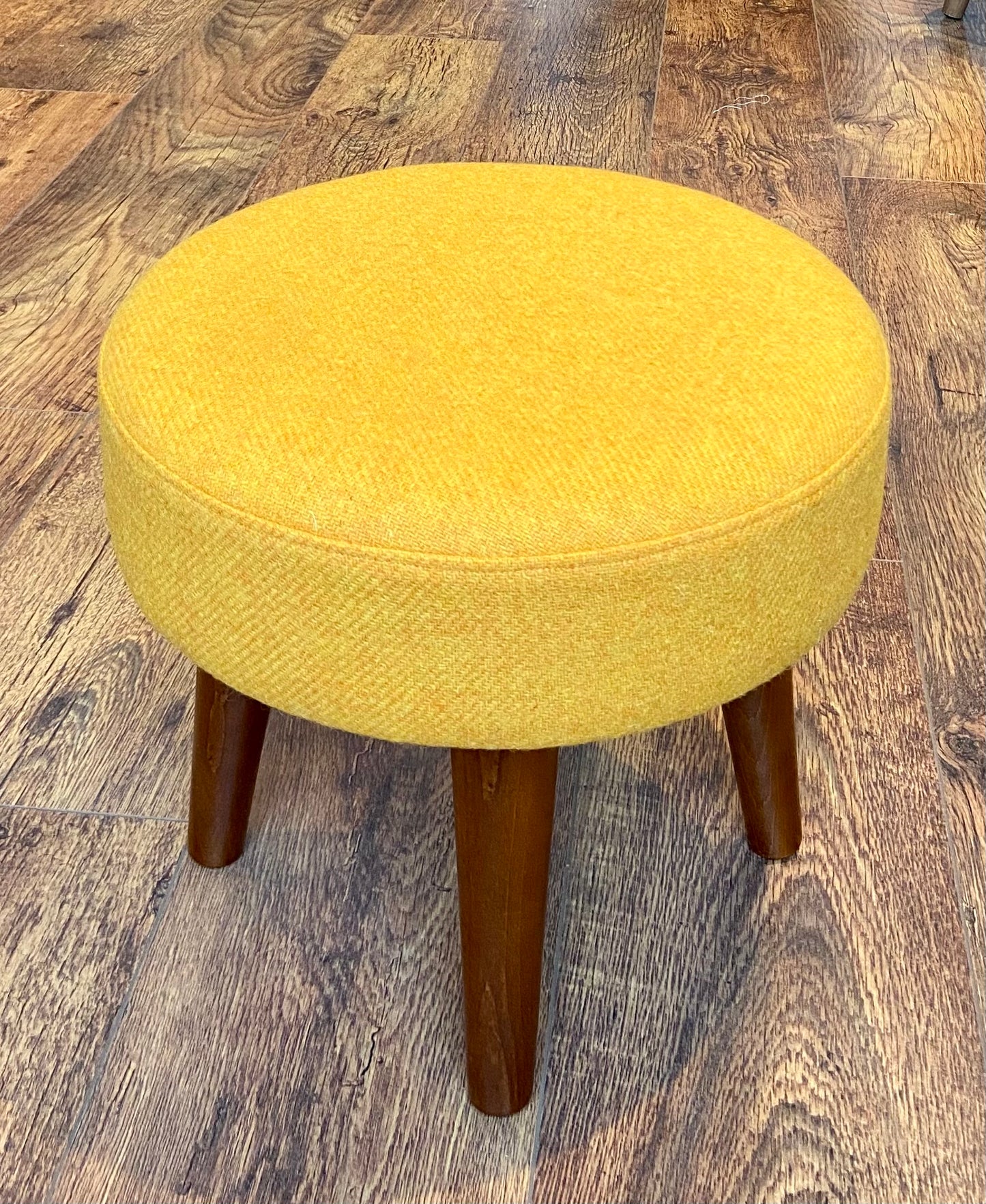 Yellow Harris Tweed Footstool with Dark Varnished Wooden Legs