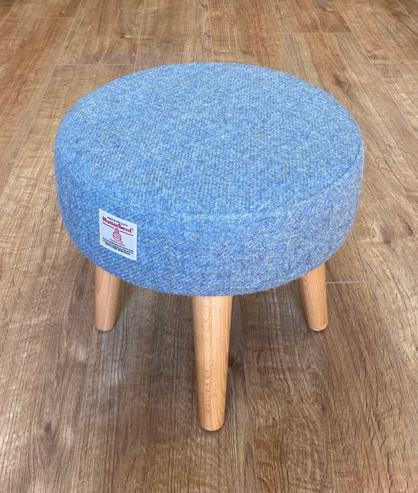 Light Blue Harris Tweed Footstool with Varnished Wooden Legs