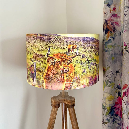 Highland Cow Scene Lampshade (40cm), Original Art by Mini Cottage Creations
