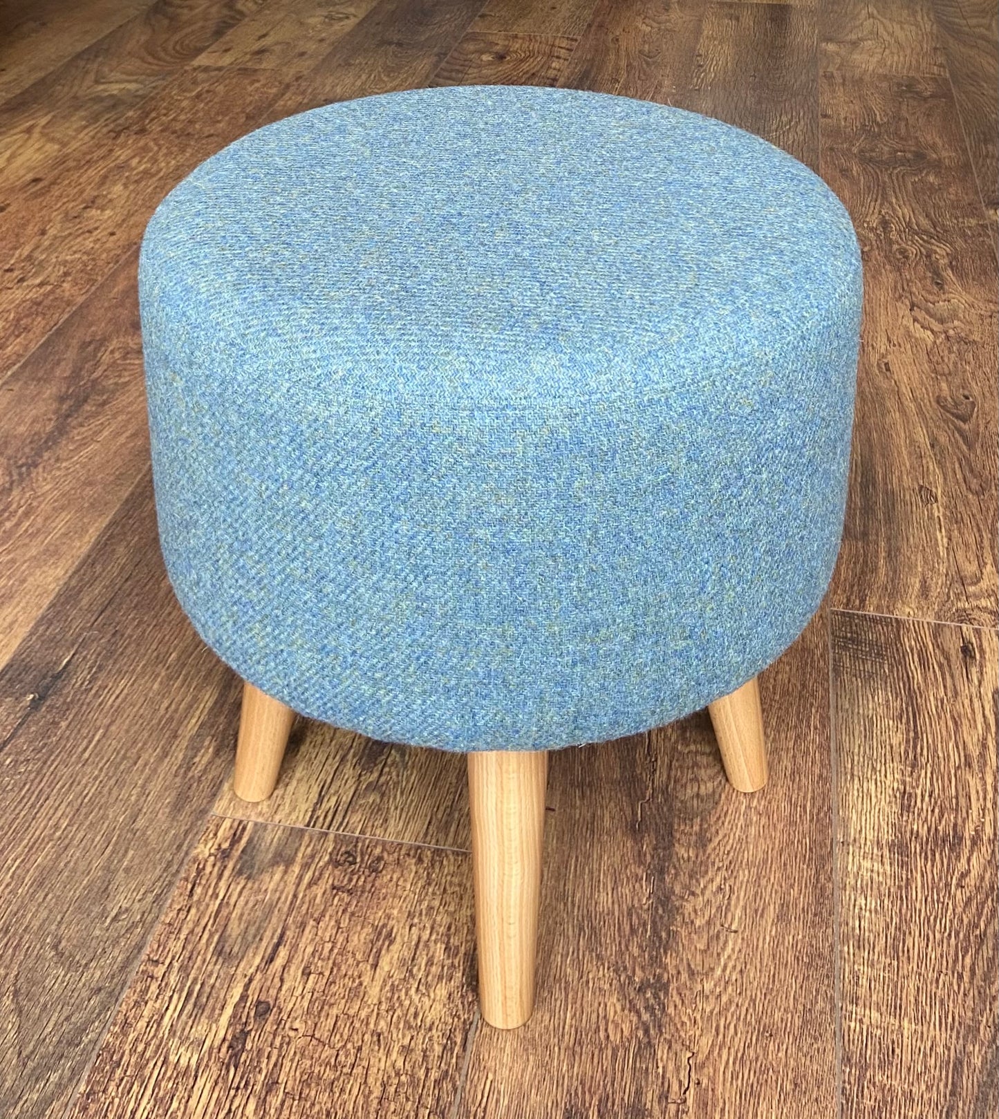 Light Blue Harris Tweed Round Footstool with Varnished Wooden Legs