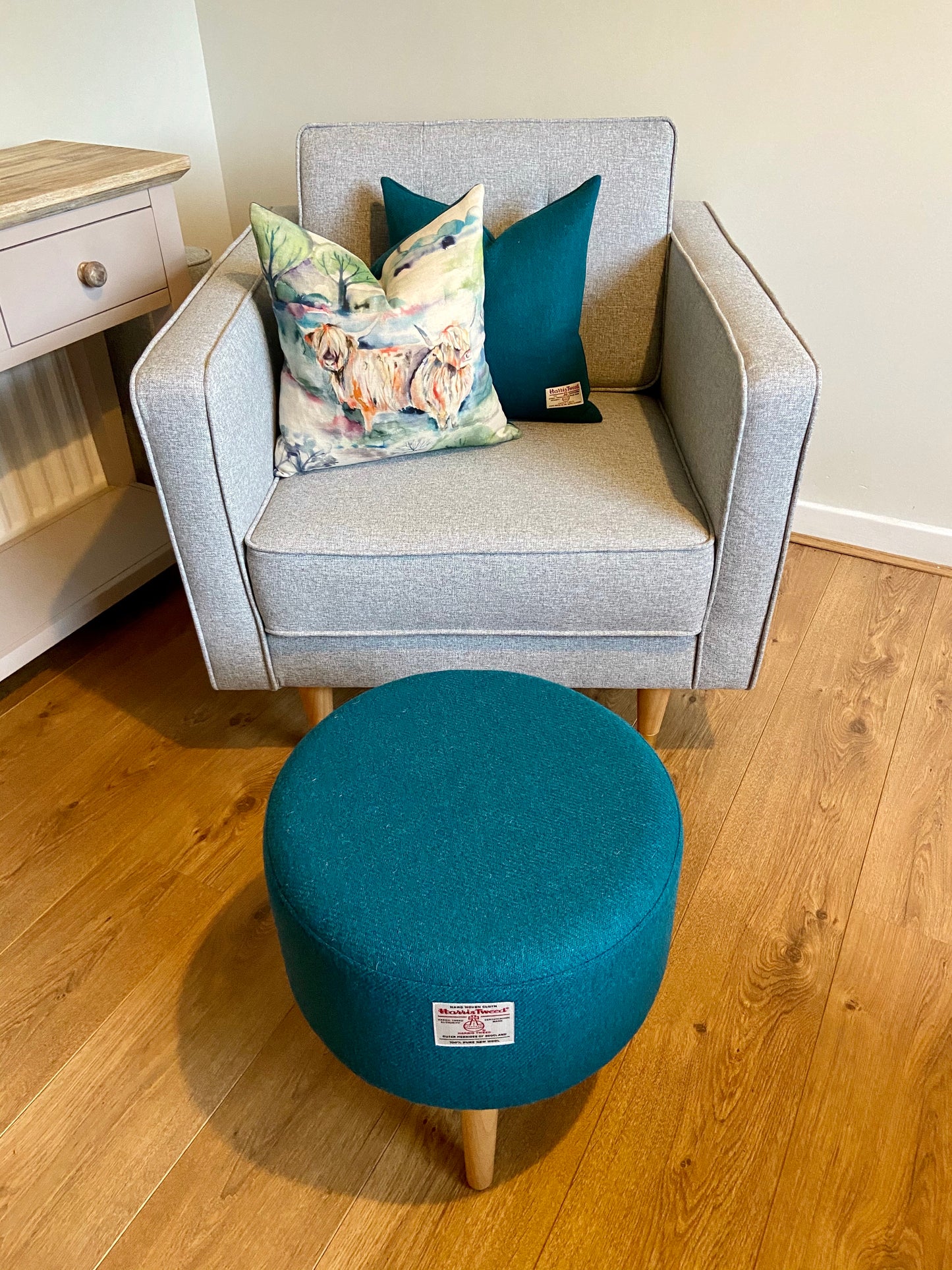 Teal Harris Tweed Footstool with Varnished Wooden Legs