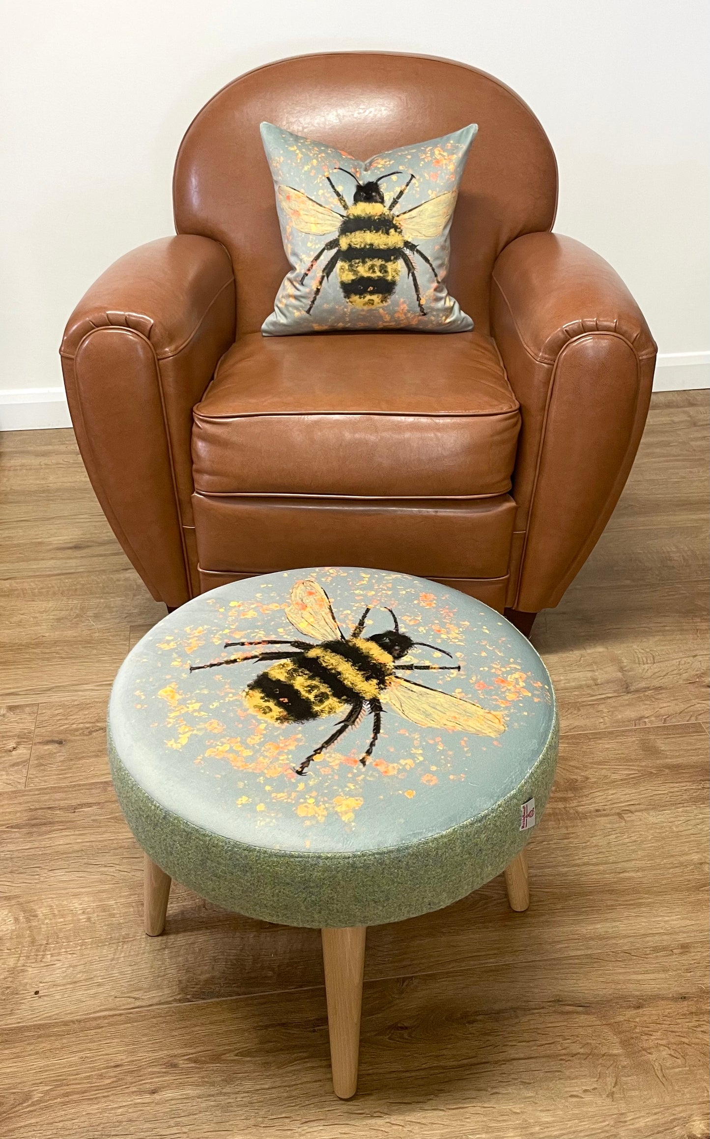Bee with Pollen on Duck Egg Velvet Cushion with Harris Tweed