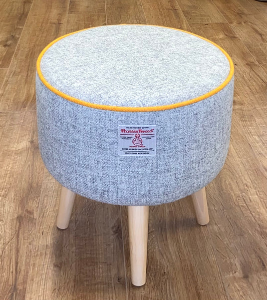 Grey Harris Tweed Footstool with Yellow Piping and Varnished Wooden Legs