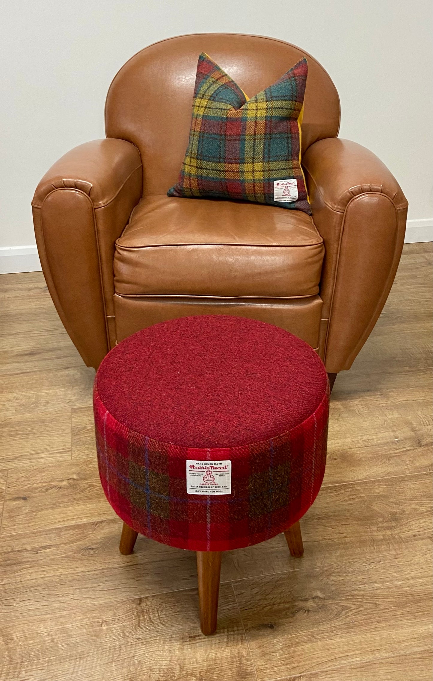 Red Tartan Harris Tweed Footstool with Dark Varnished Wooden Legs