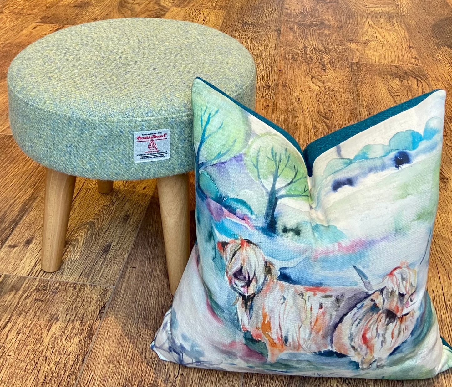 Highland Cow and Teal Harris Tweed Cushion, Handmade, 16”