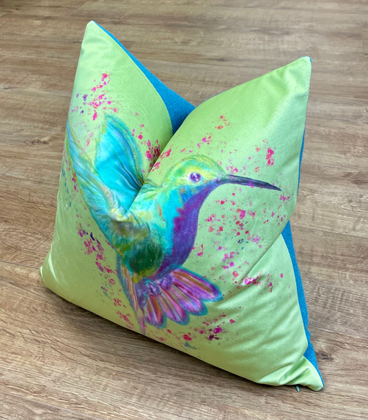 Rainbow Hummingbird Velvet and Turquoise Harris Tweed Cushion 18”