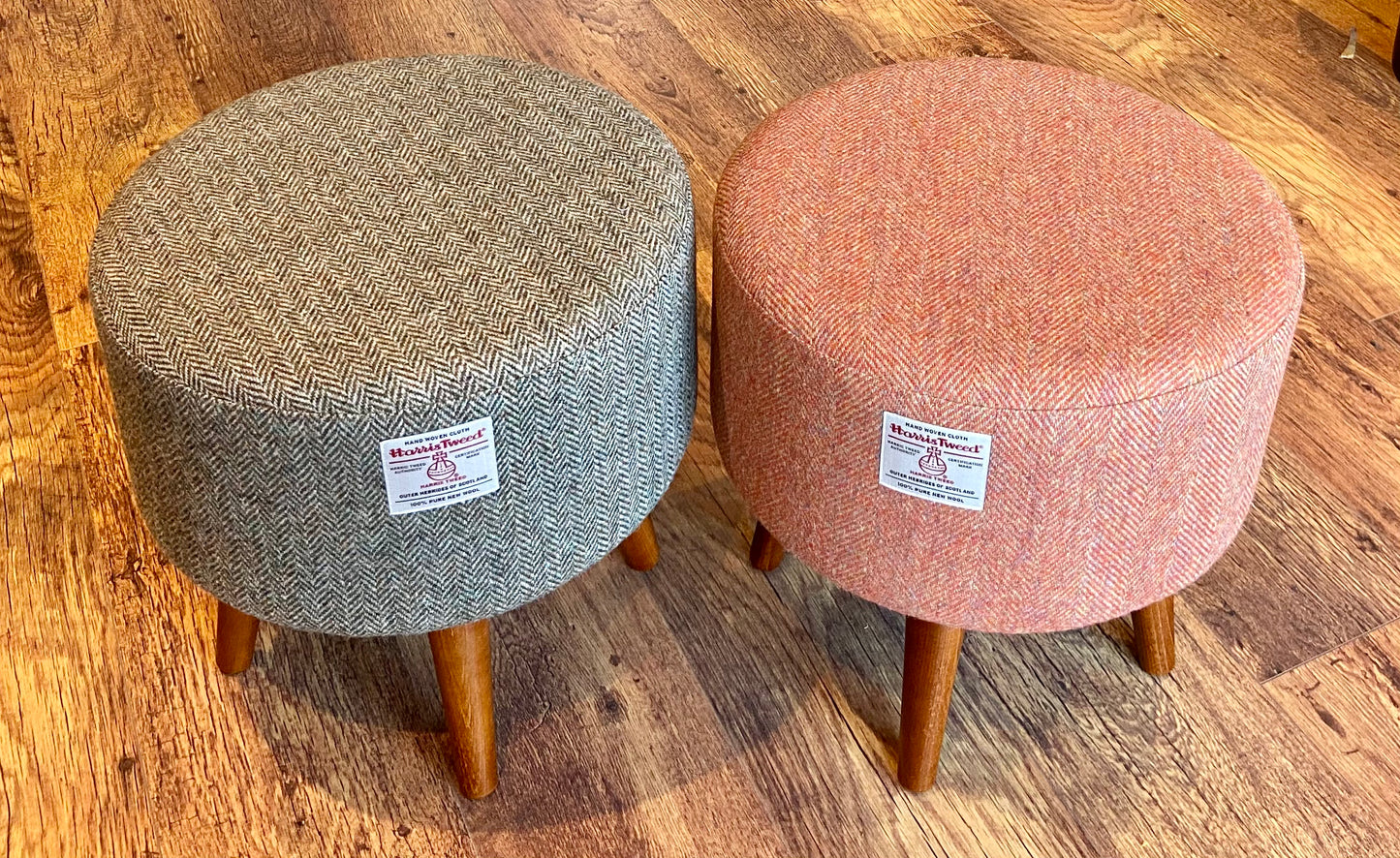 Brown Green Harris Tweed Herringbone Footstool with Dark Varnished Wooden Legs