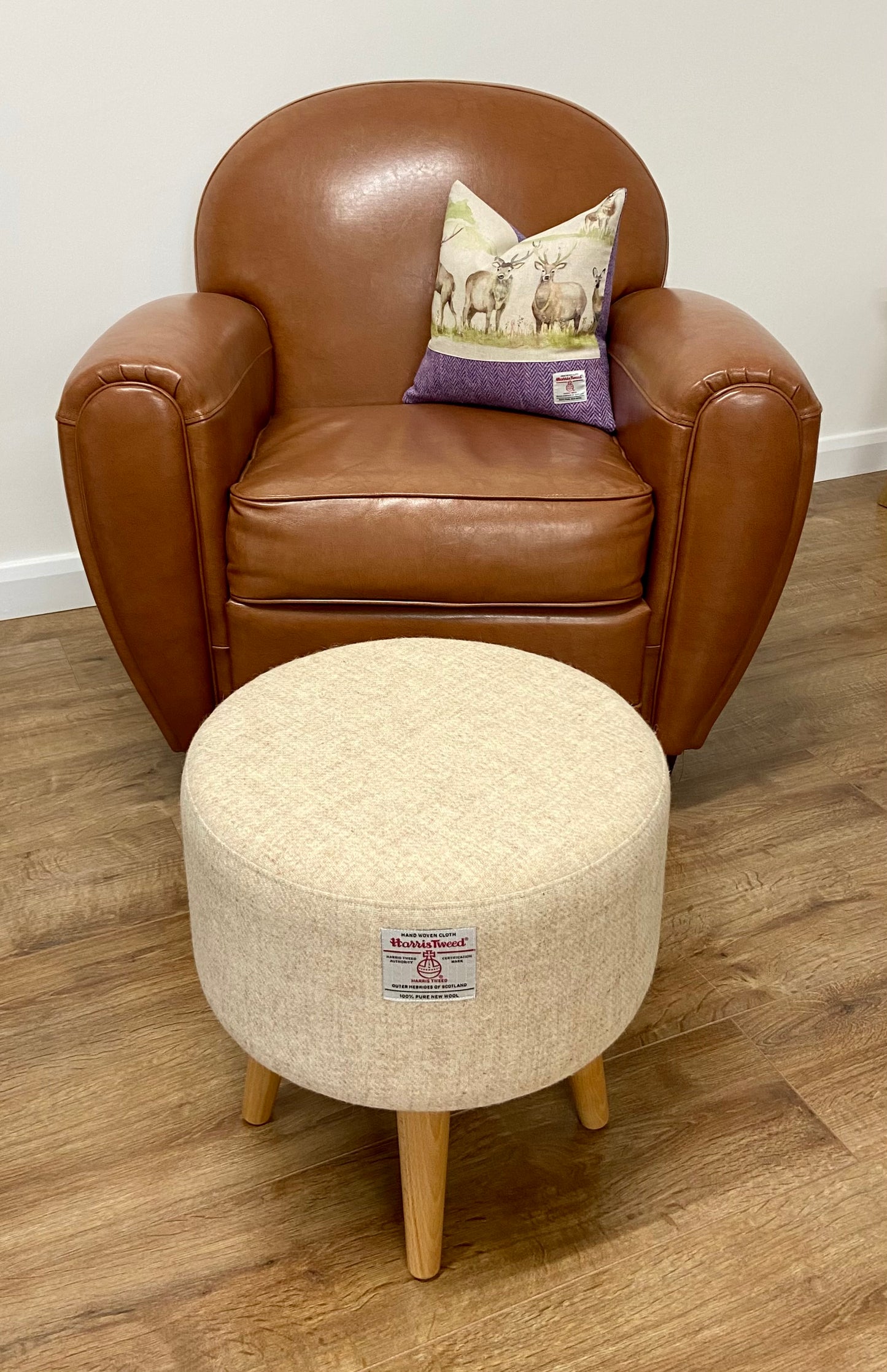 Oatmeal Cream Harris Tweed Footstool with Light Wooden Legs