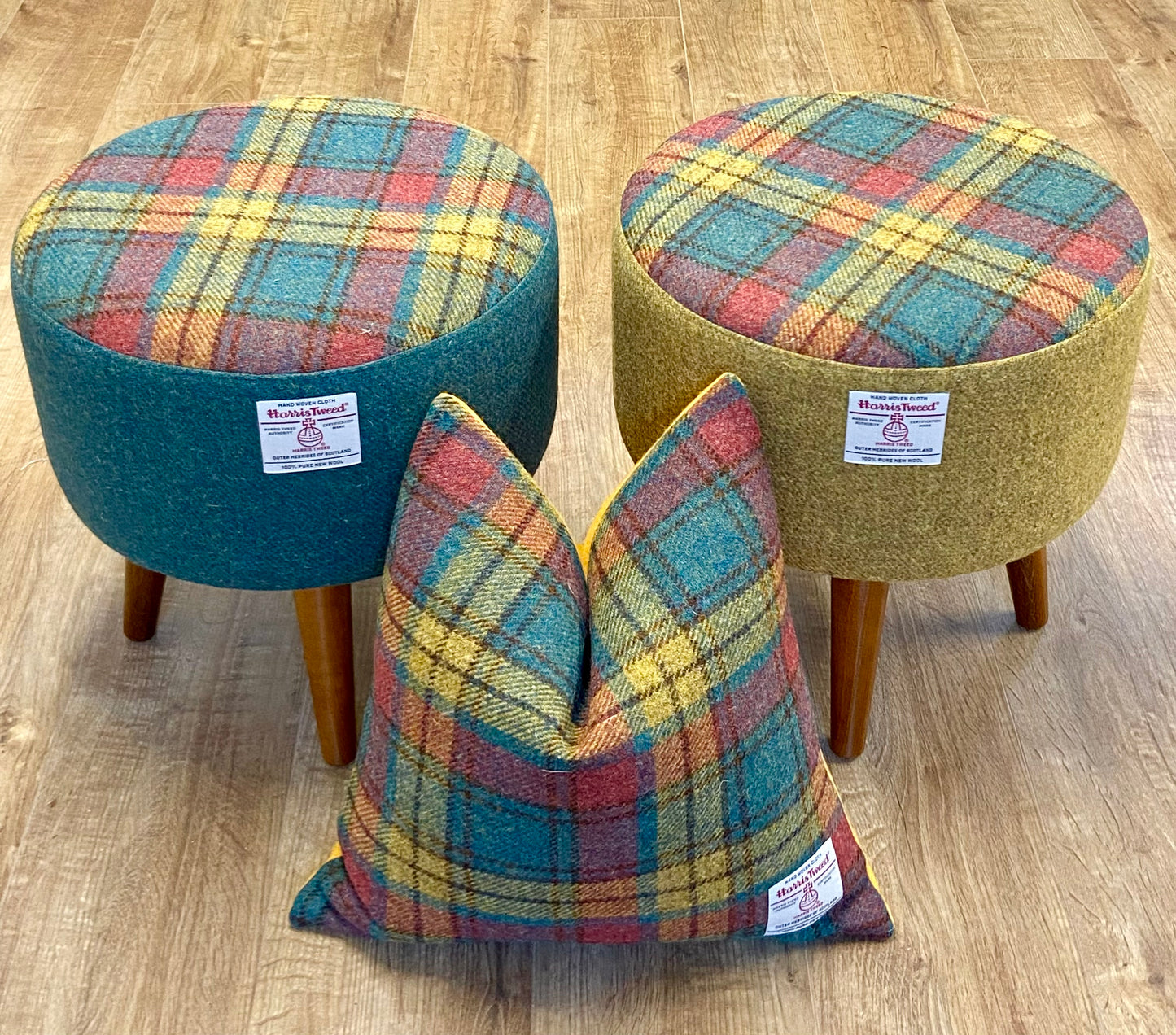 Mustard, Green and Red Tartan Harris Tweed Footstool with Dark Varnished Wooden Legs