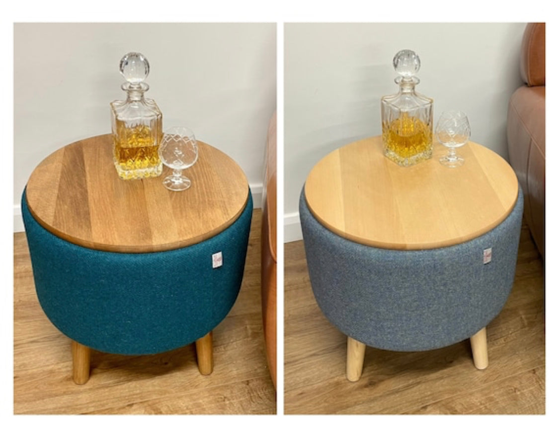 Teal End Table: Harris Tweed with Rustic Wooden Legs and Top