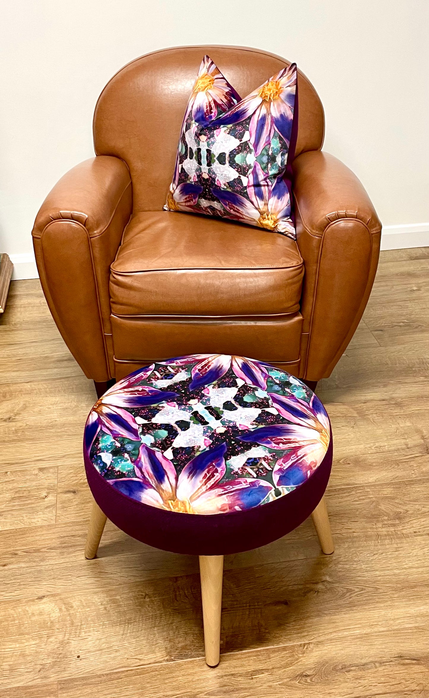 Arran Flower Velvet and Purple Harris Tweed Cushion 20”