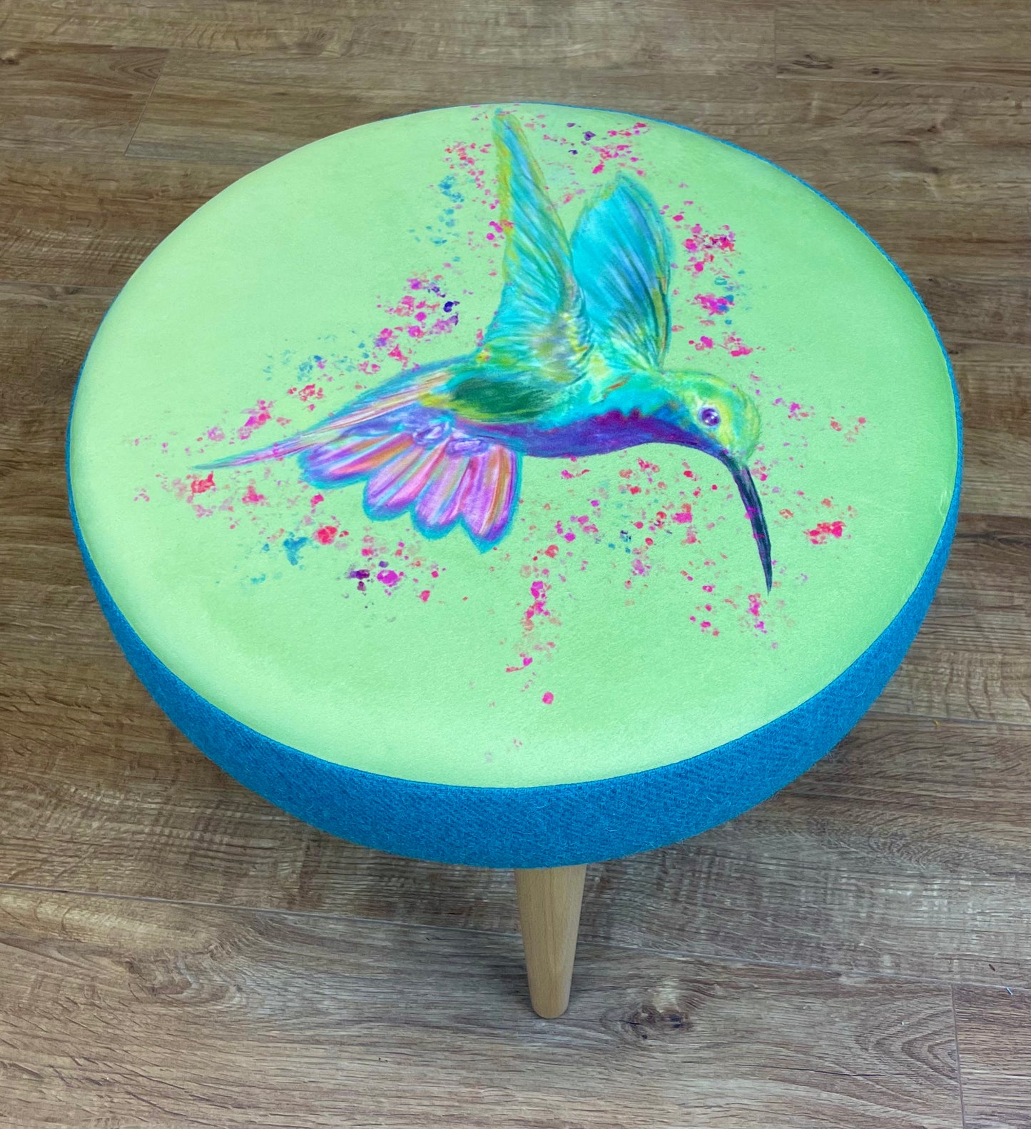 Rainbow Hummingbird Velvet and Turquoise Harris Tweed Wide Round Footstool