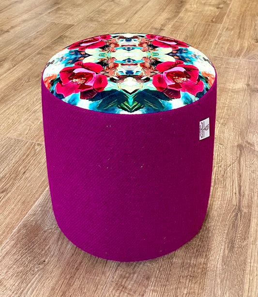 Red Rose Velvet and Fuchsia Harris Tweed Small Floating Footstool