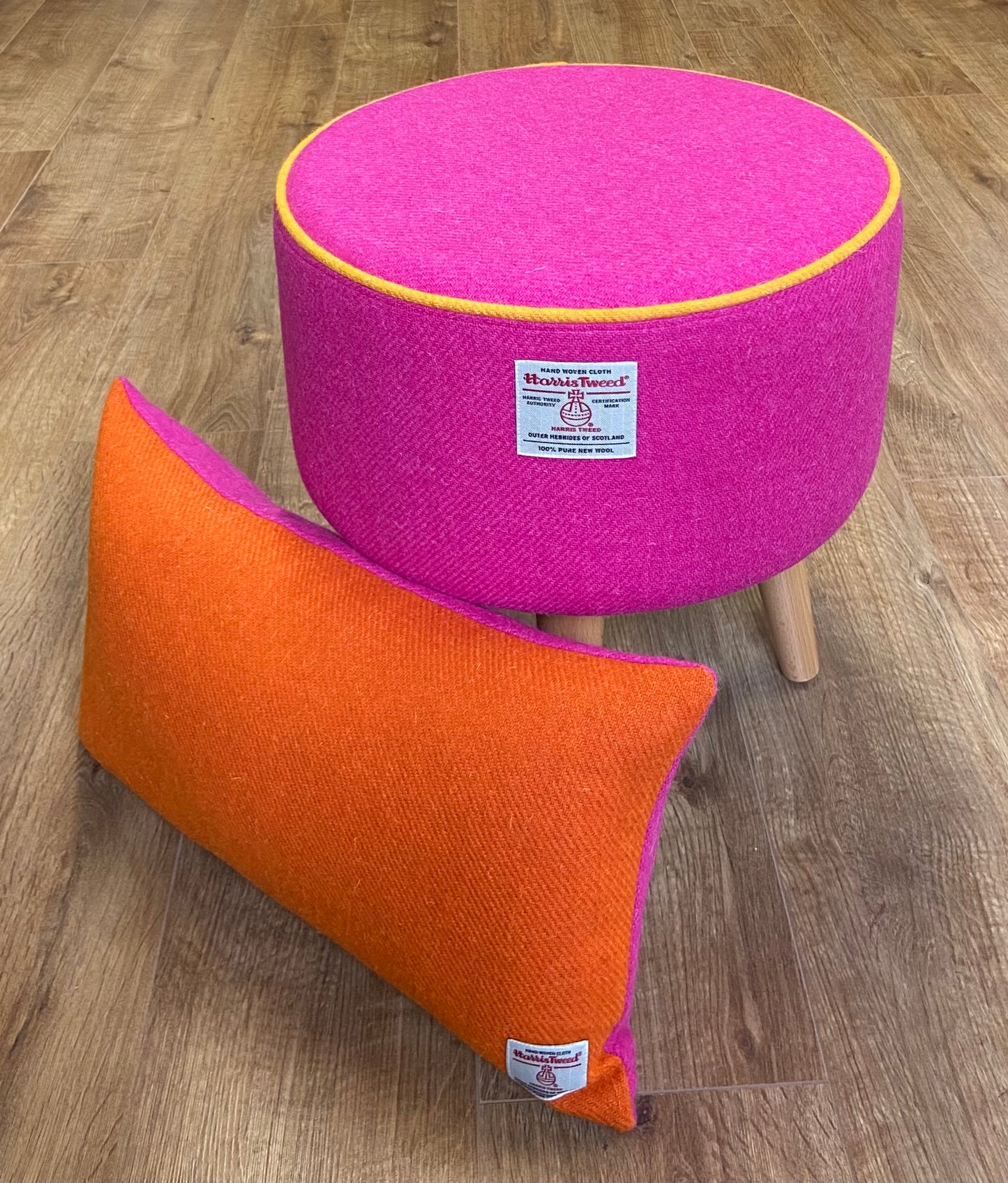 Pink Harris Tweed Footstool with Orange Piping and Dark Wooden Legs