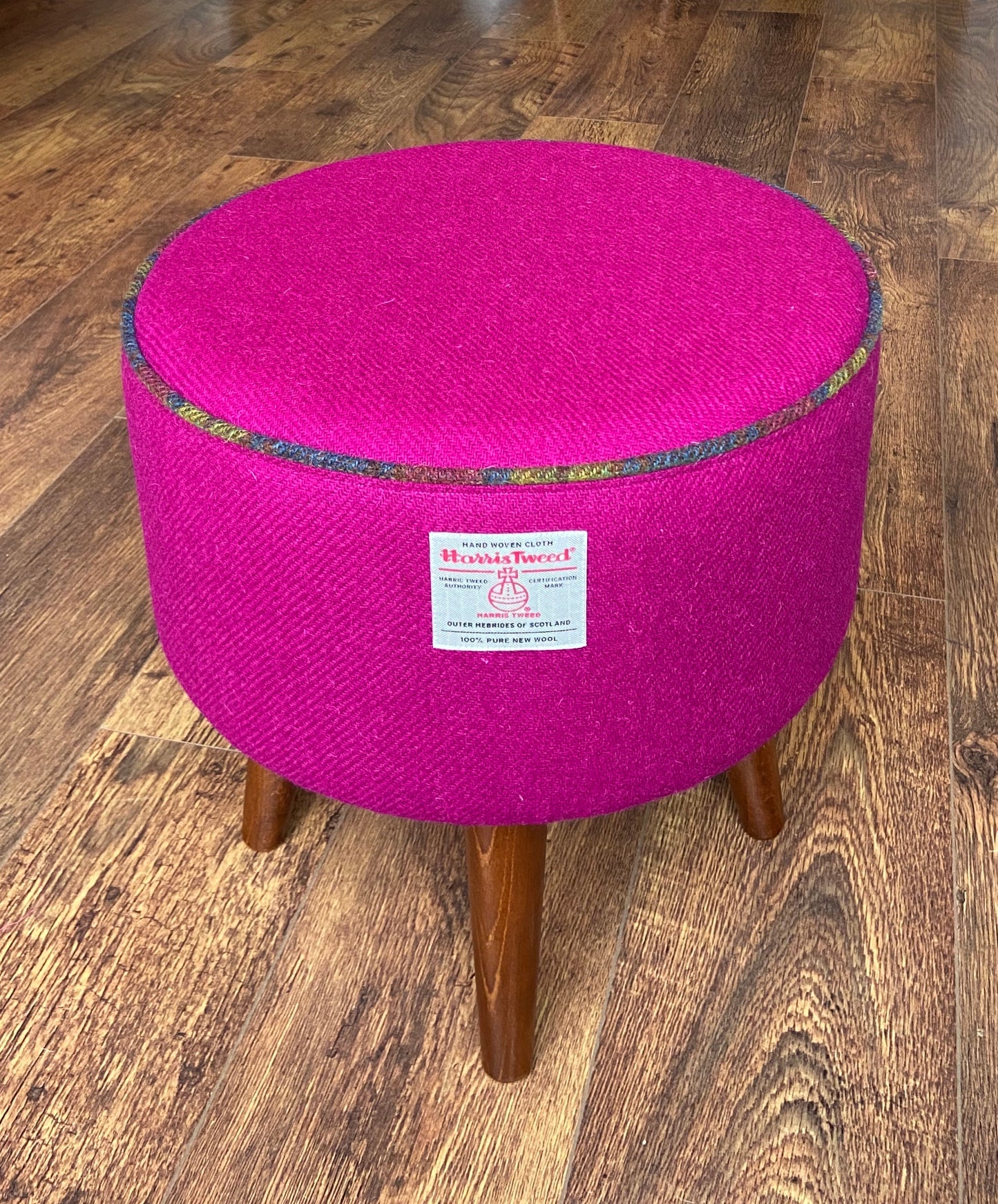 Fuchsia Harris Tweed Footstool with Tartan Piping and Dark Varnished Wooden Legs