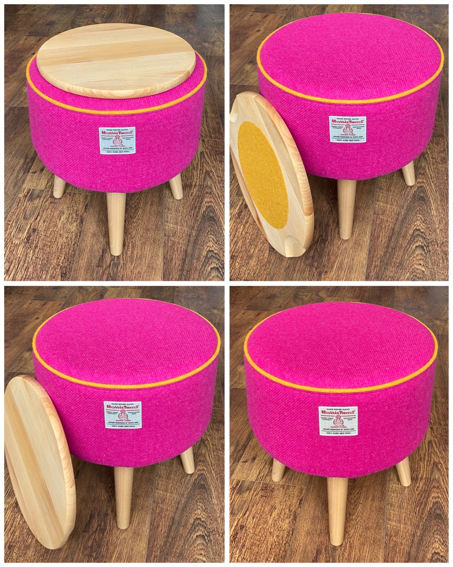 Pink Harris Tweed Footstool with Yellow Piping and Varnished Wooden Legs