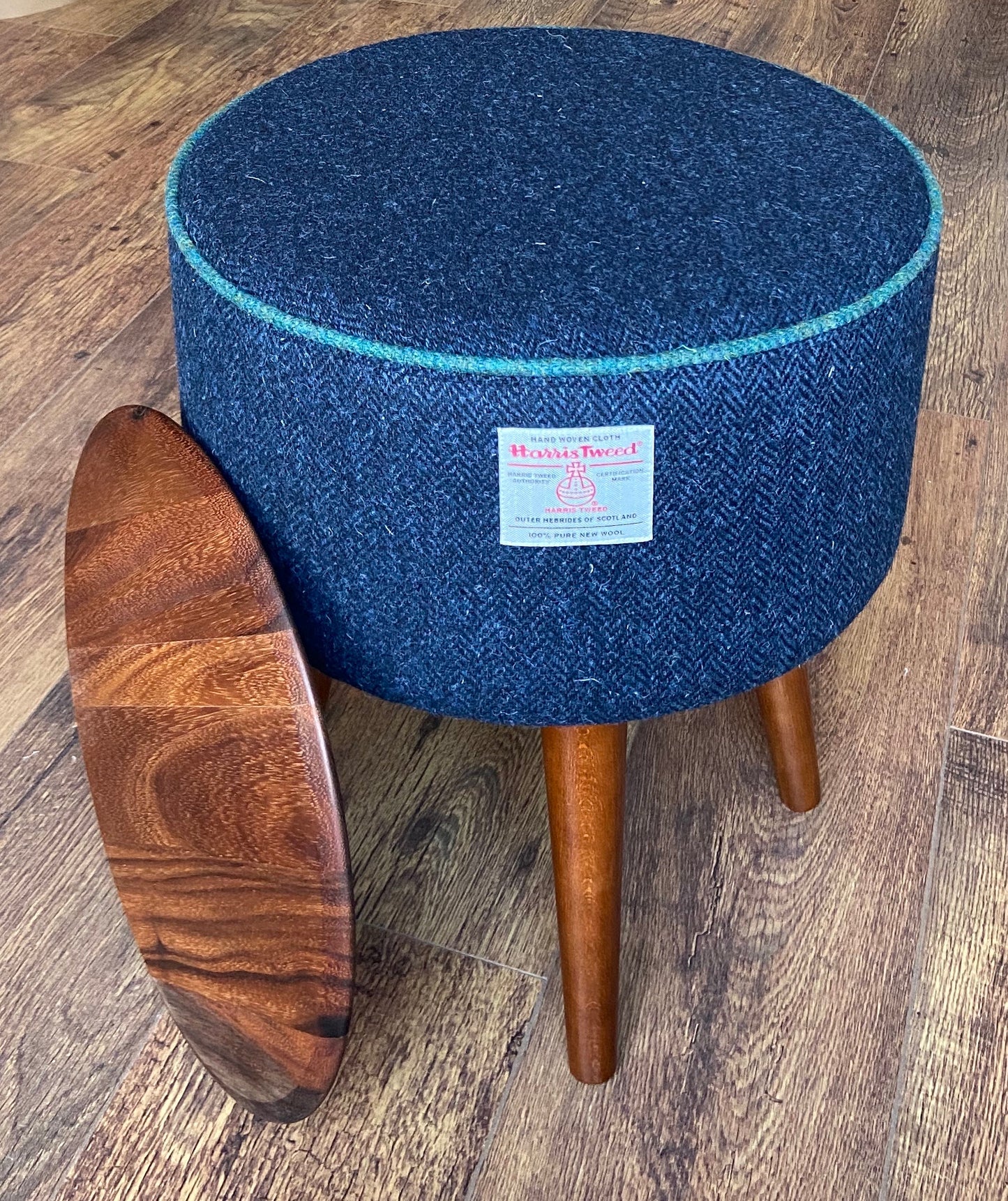 End Table, Navy Harris Tweed with Green Piping and Removable Wooden Top