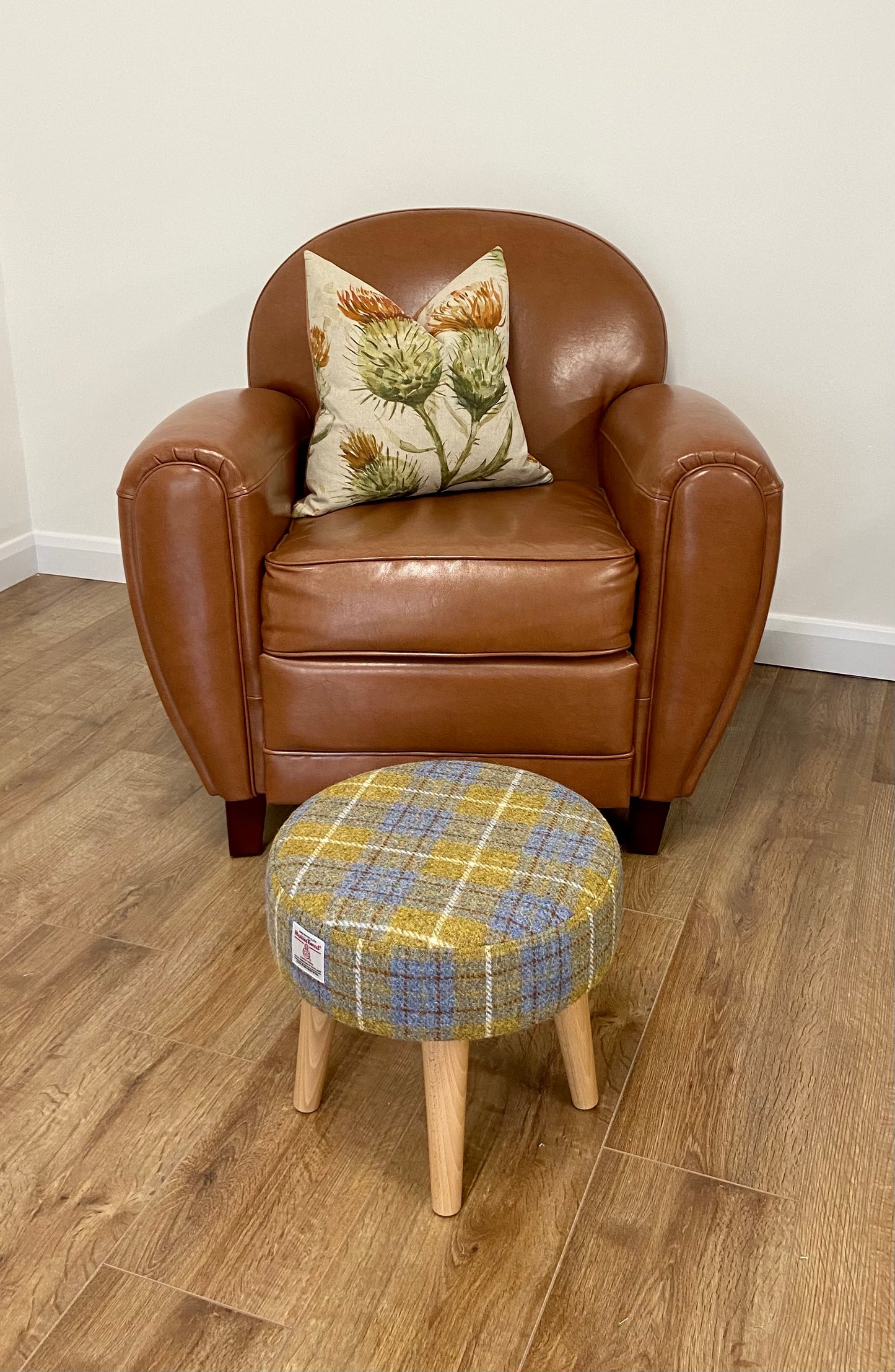 Mustard Tartan Harris Tweed Footstool with Varnished Light Wooden Legs