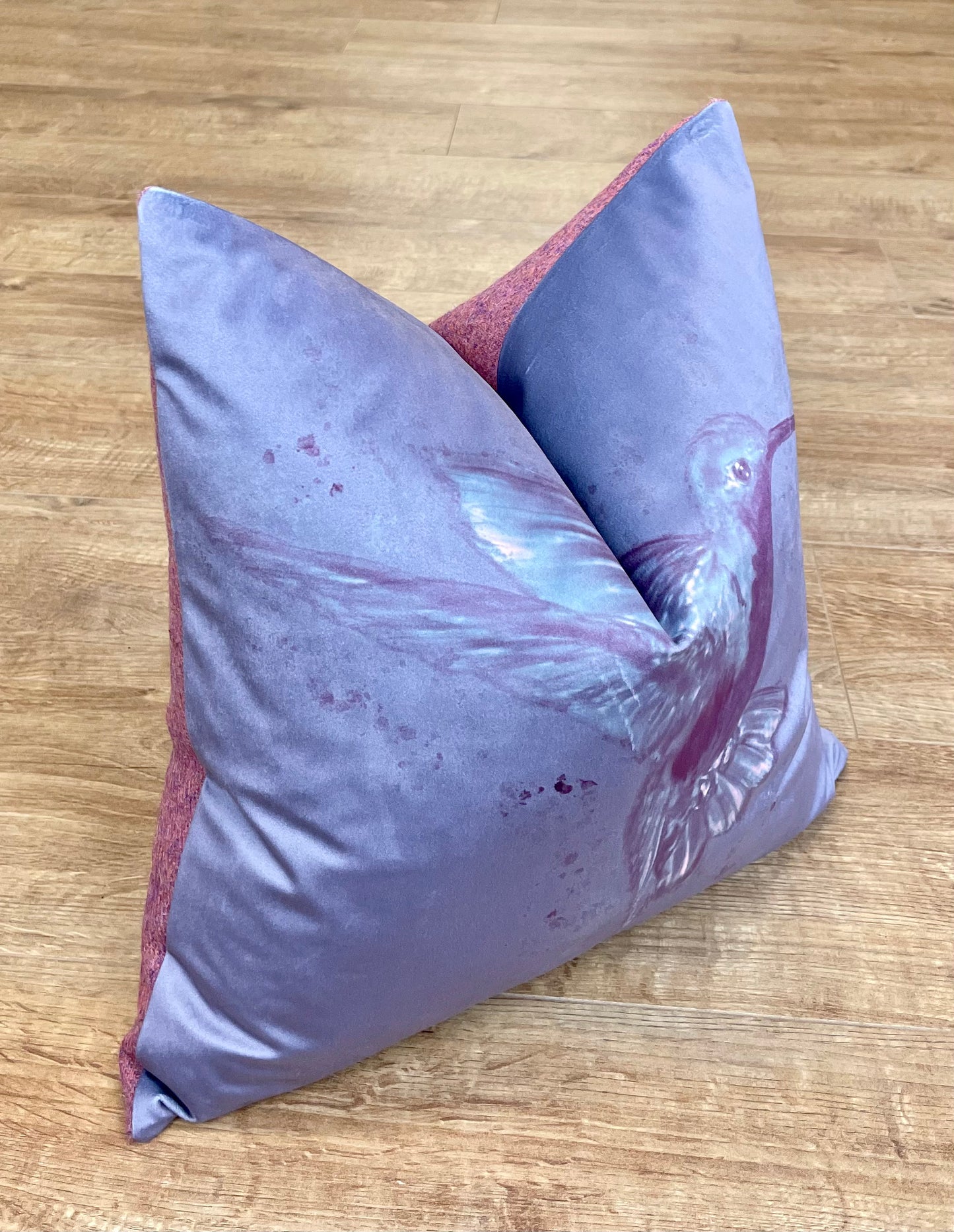 Deep Purple Hummingbird Velvet and Pink Harris Tweed Cushion 18”