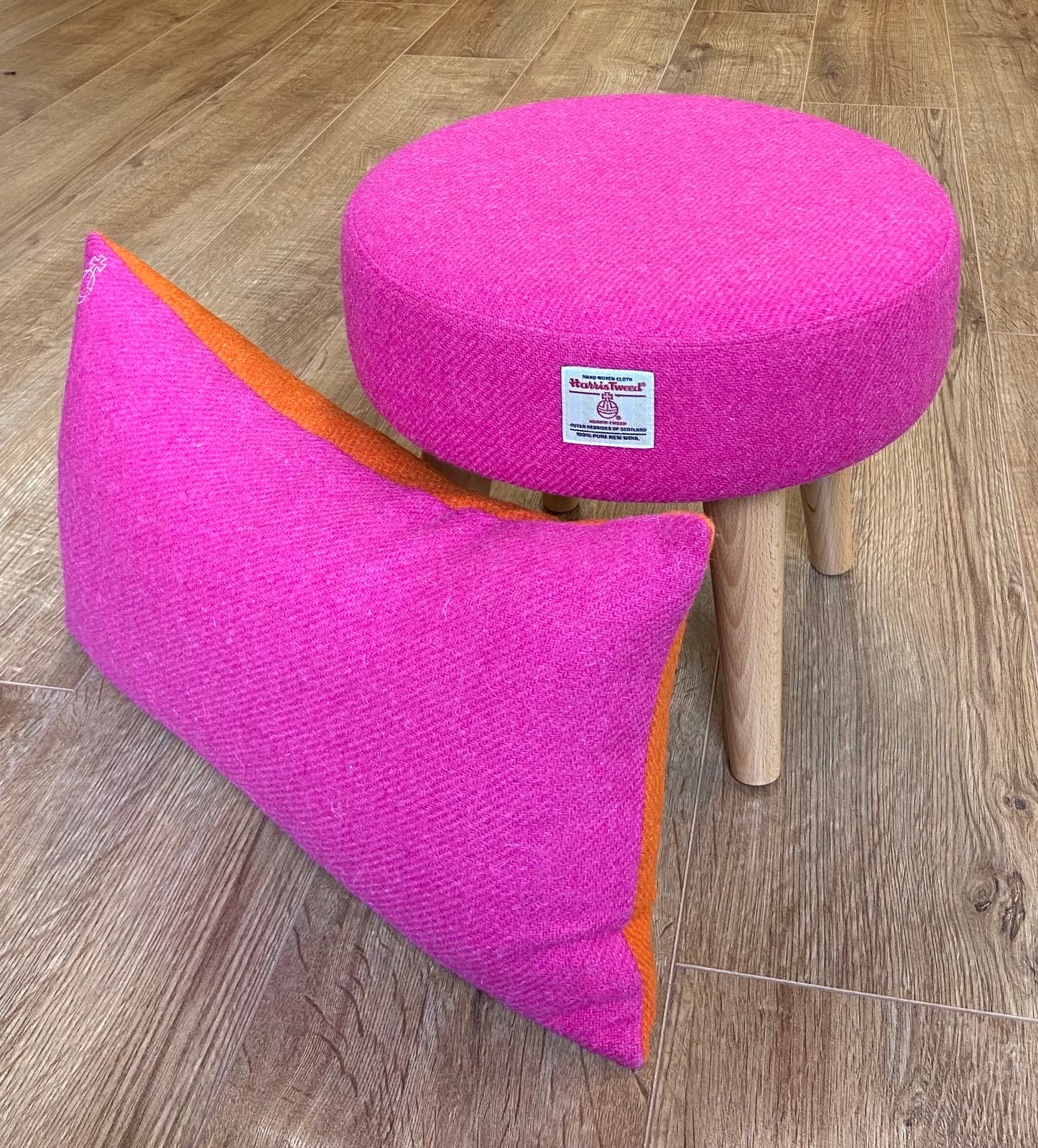 Bright Pink Harris Tweed Footstool with Varnished Wooden Legs