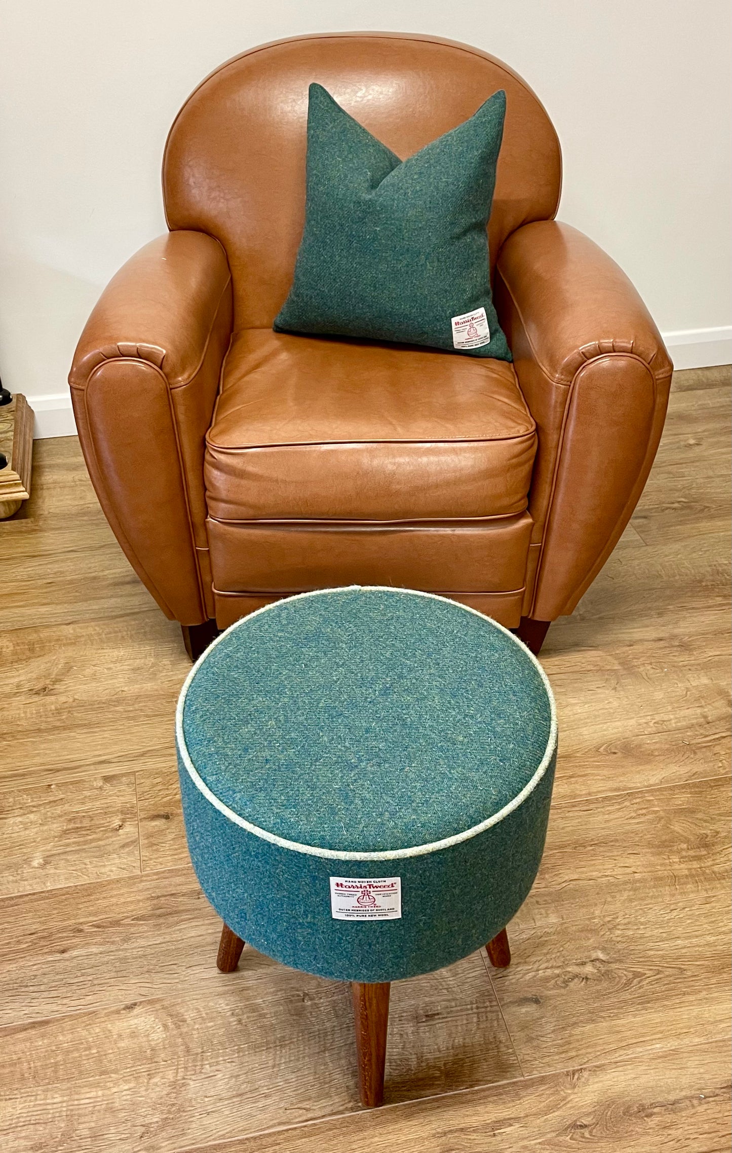 Deep Green Harris Tweed Footstool with Light Green Piping