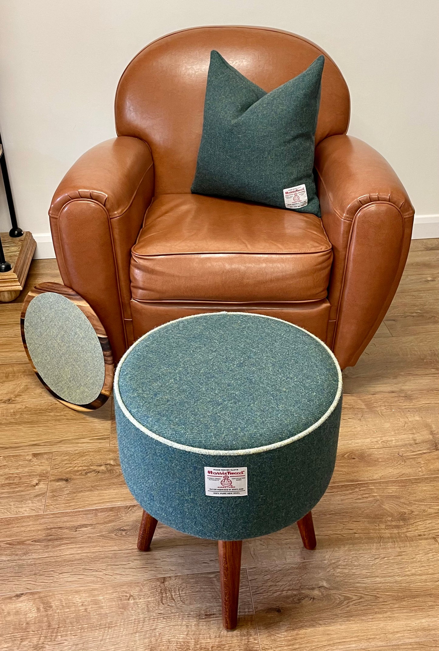 Deep Green Harris Tweed End Table with Light Green Piping and Removable Wooden Top