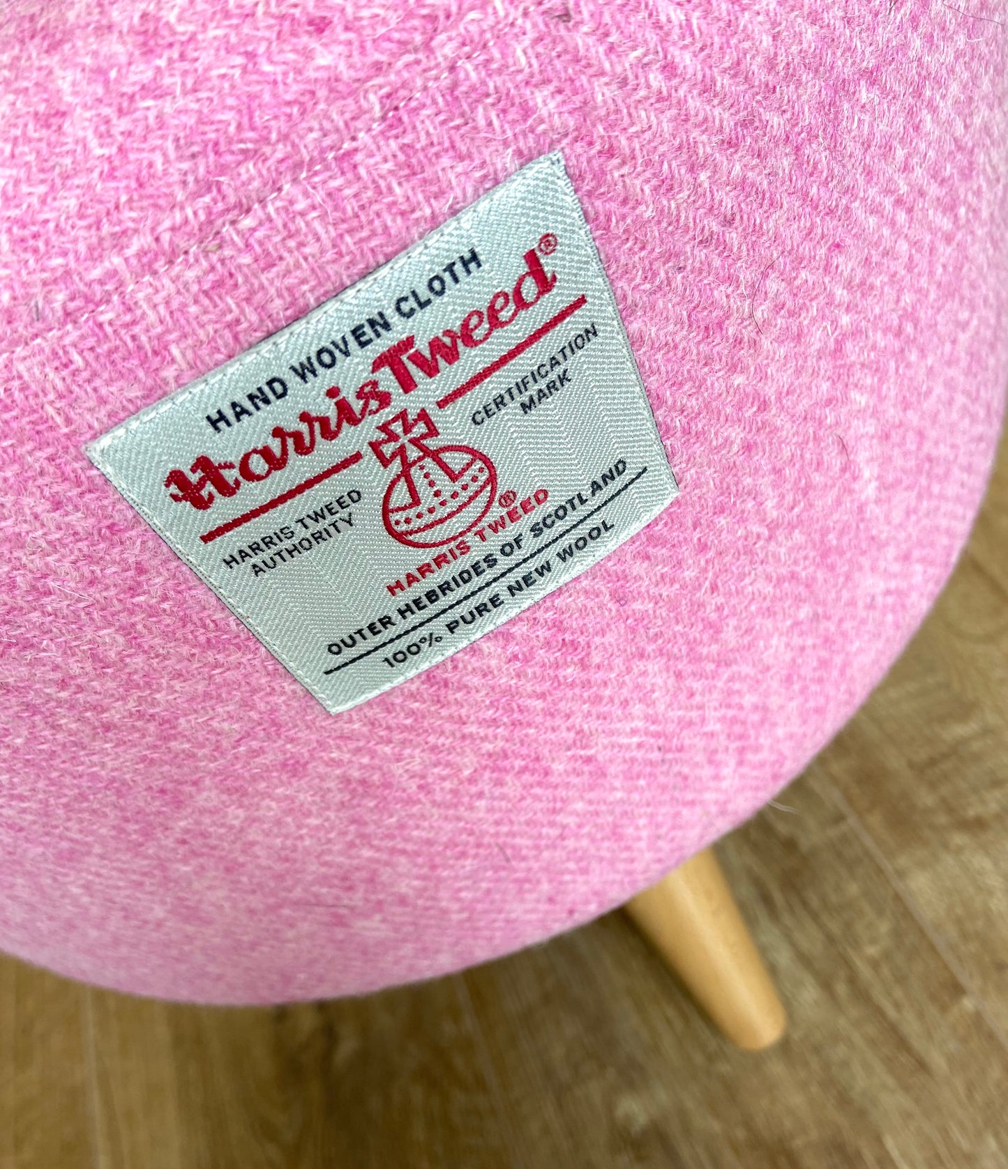 Light Pink Harris Tweed Footstool with Varnished Wooden Legs