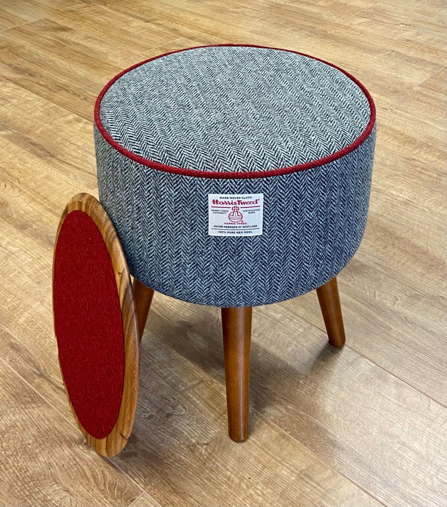 End Table, Black and White Herringbone Harris Tweed with Red Piping and Removable Wooden Top