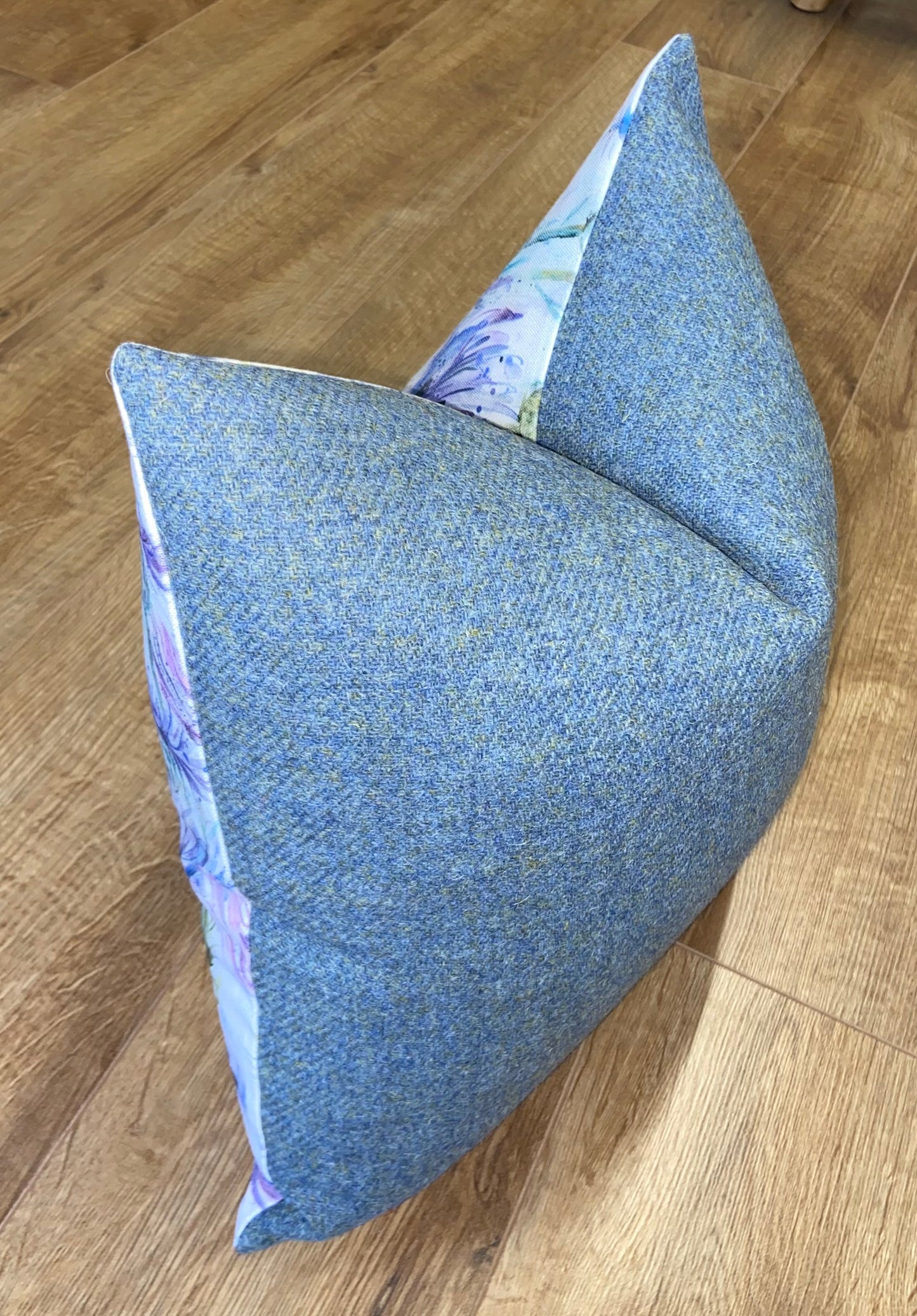 Watercolour Thistle and Blue Harris Tweed Cushion, Handmade, 18”