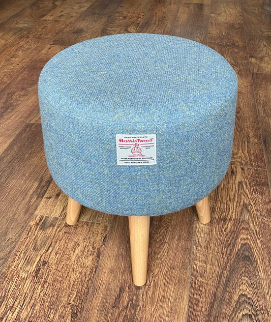 Light Blue Harris Tweed Round Footstool with Varnished Wooden Legs