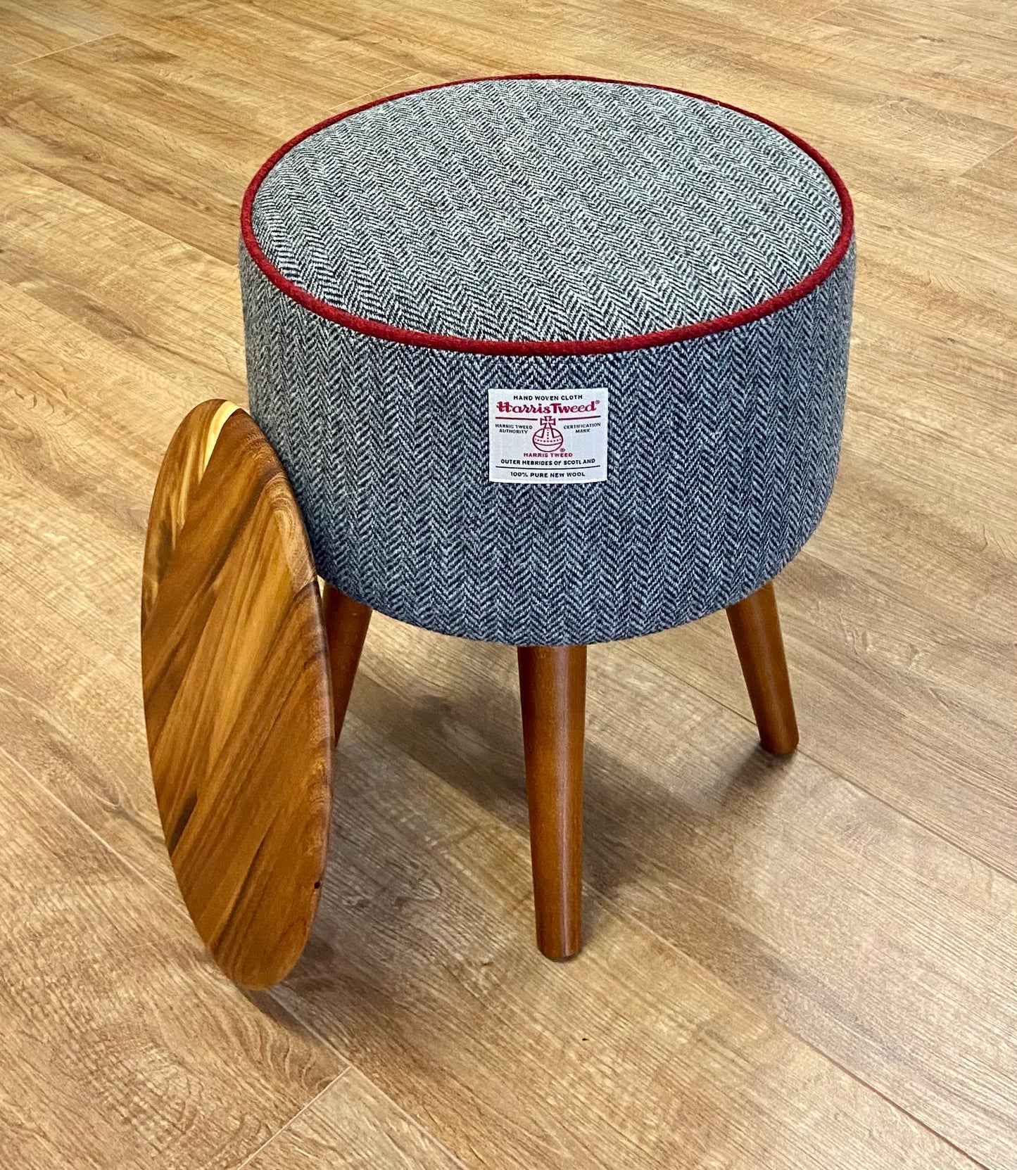 End Table, Black and White Herringbone Harris Tweed with Red Piping and Removable Wooden Top
