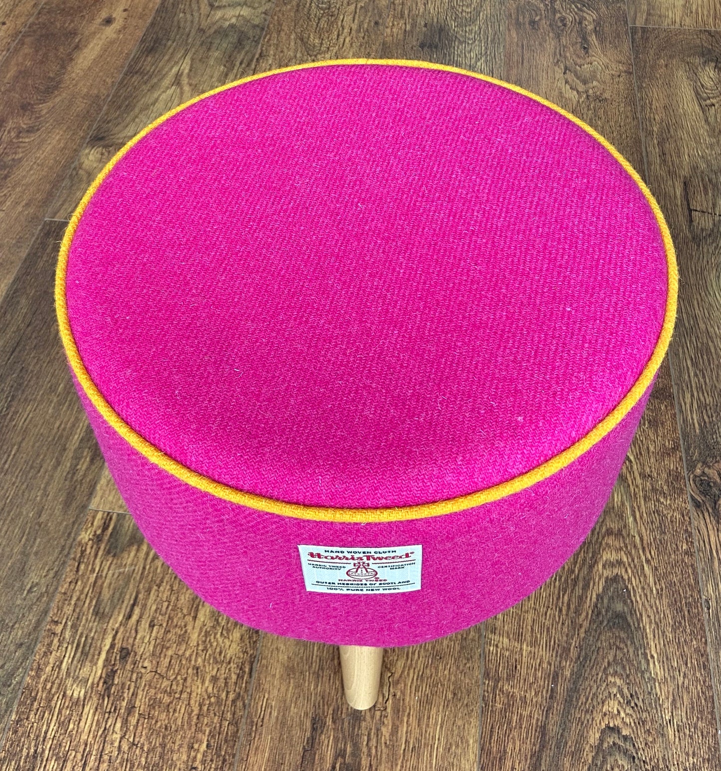 Pink Harris Tweed Footstool with Yellow Piping and Varnished Wooden Legs