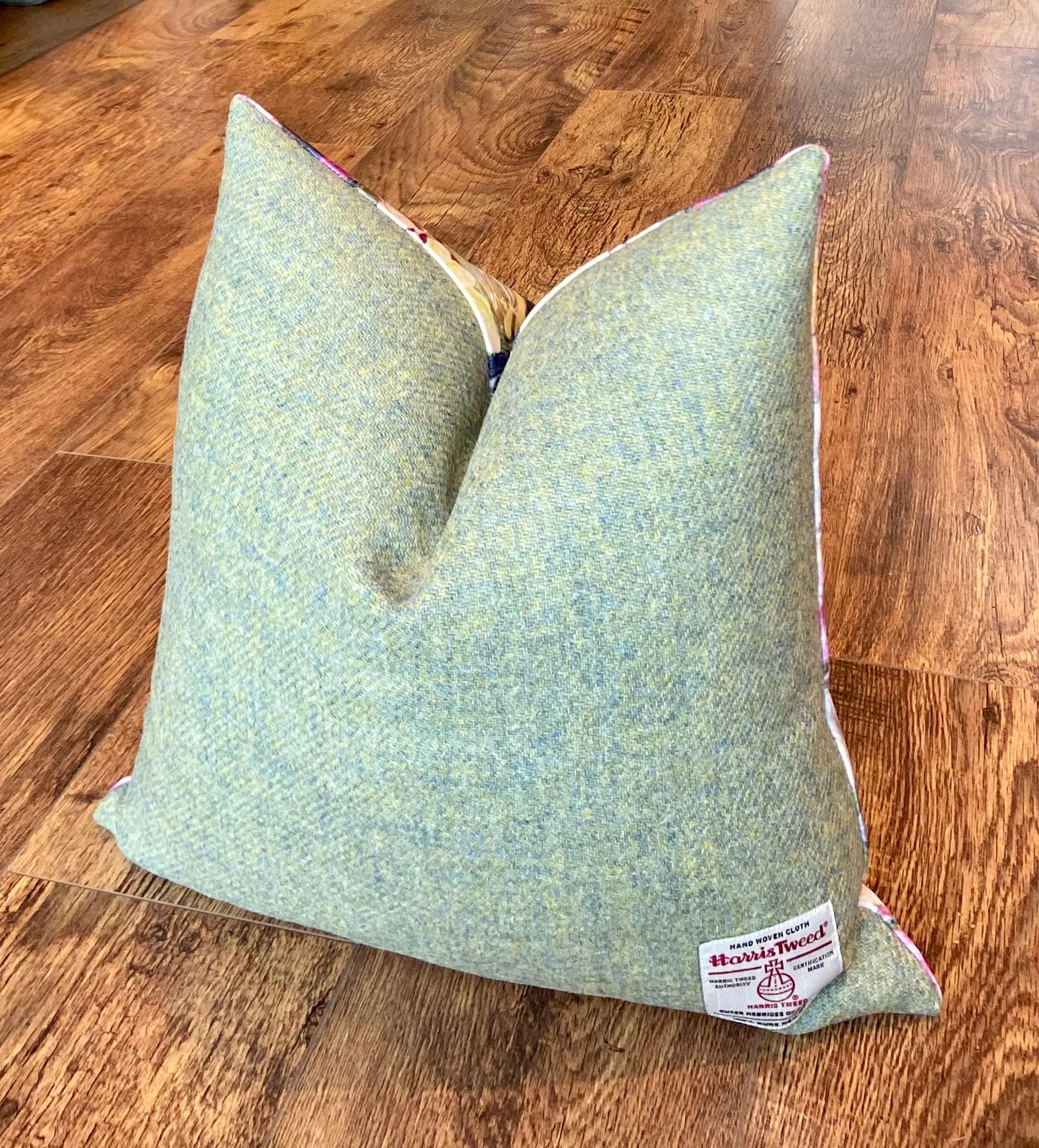 Soft Floral Velvet and Green Harris Tweed Cushion, Handmade, 18”