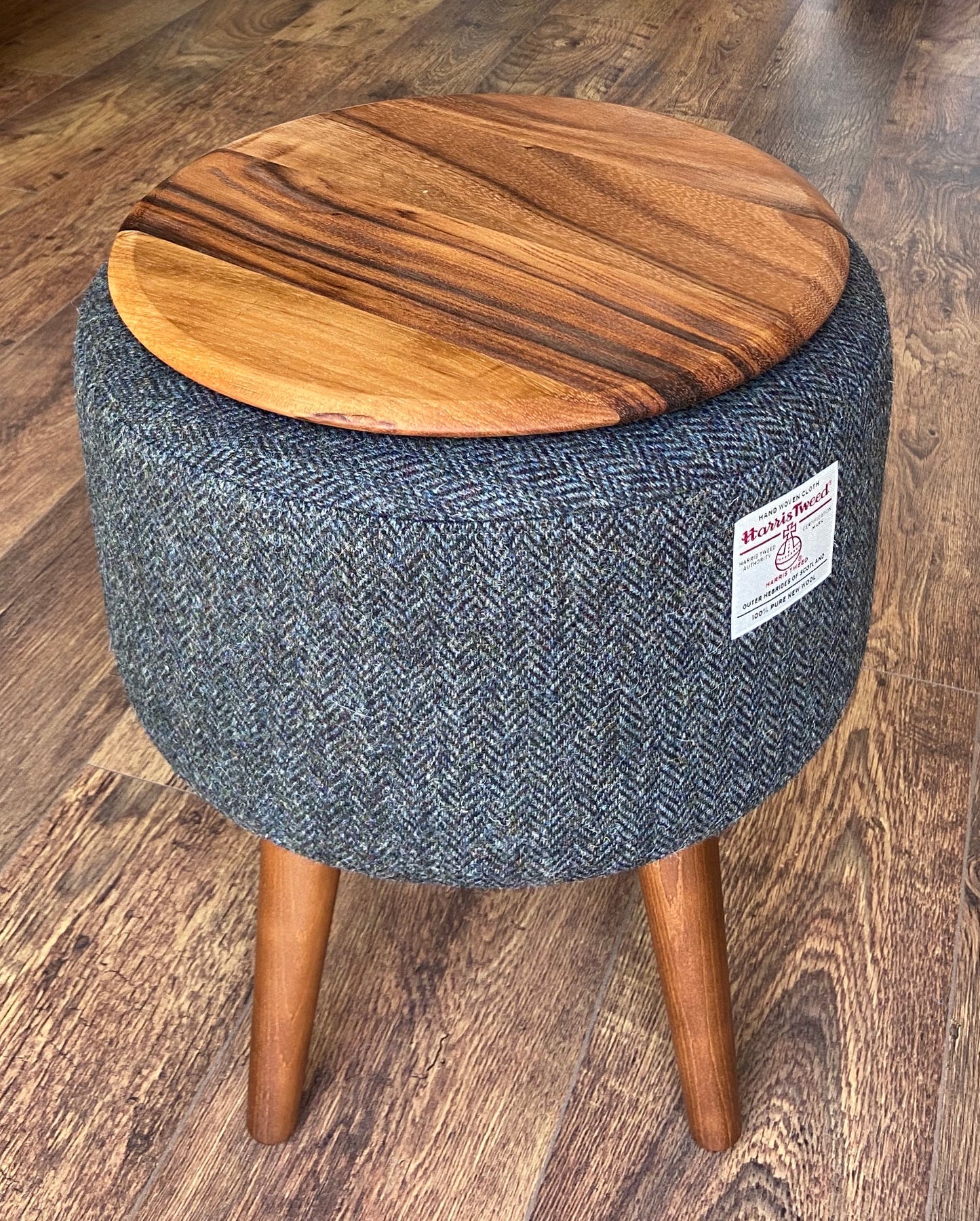 Side Table, Charcoal Harris Tweed with Removable Wooden Top and Dark Varnished Wooden Legs