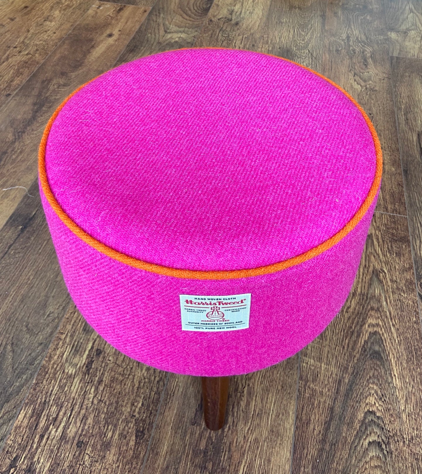 Pink Harris Tweed Footstool with Orange Piping and Dark Wooden Legs