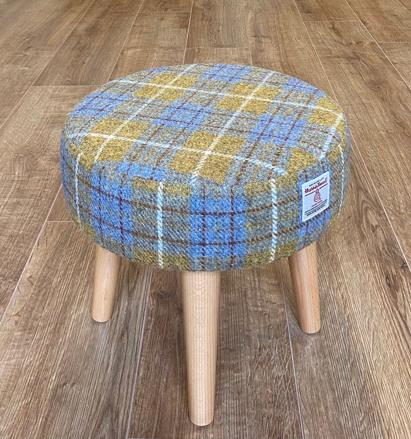 Mustard Tartan Harris Tweed Footstool with Varnished Light Wooden Legs