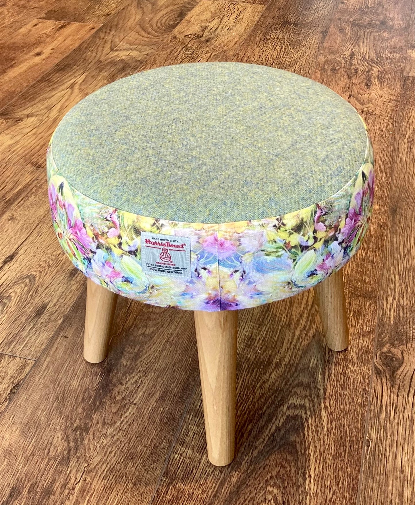 Floral Limited Edition Footstool with Green Harris Tweed and Varnished Wooden Legs